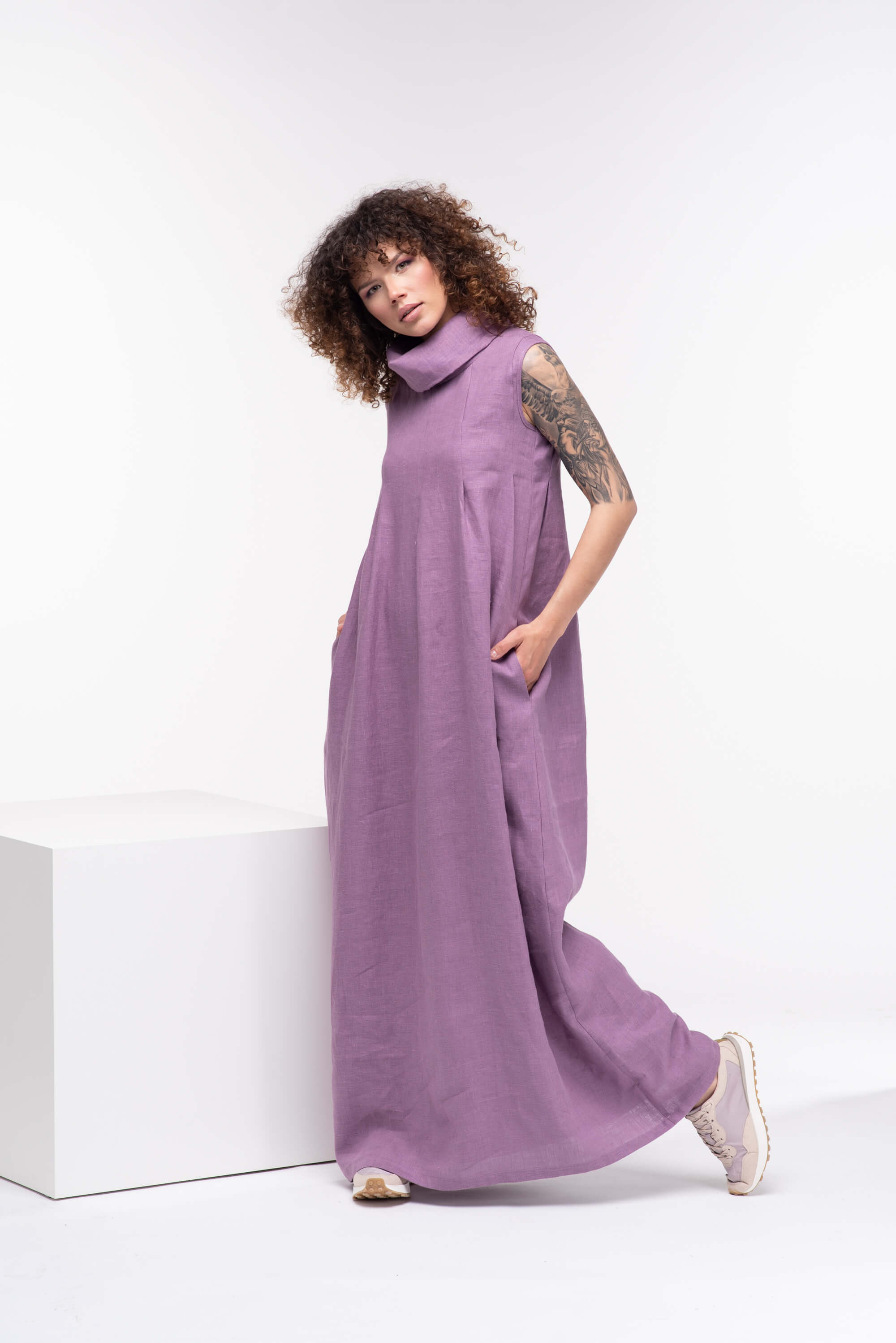 Lavender Turtleneck Long Linen Dress