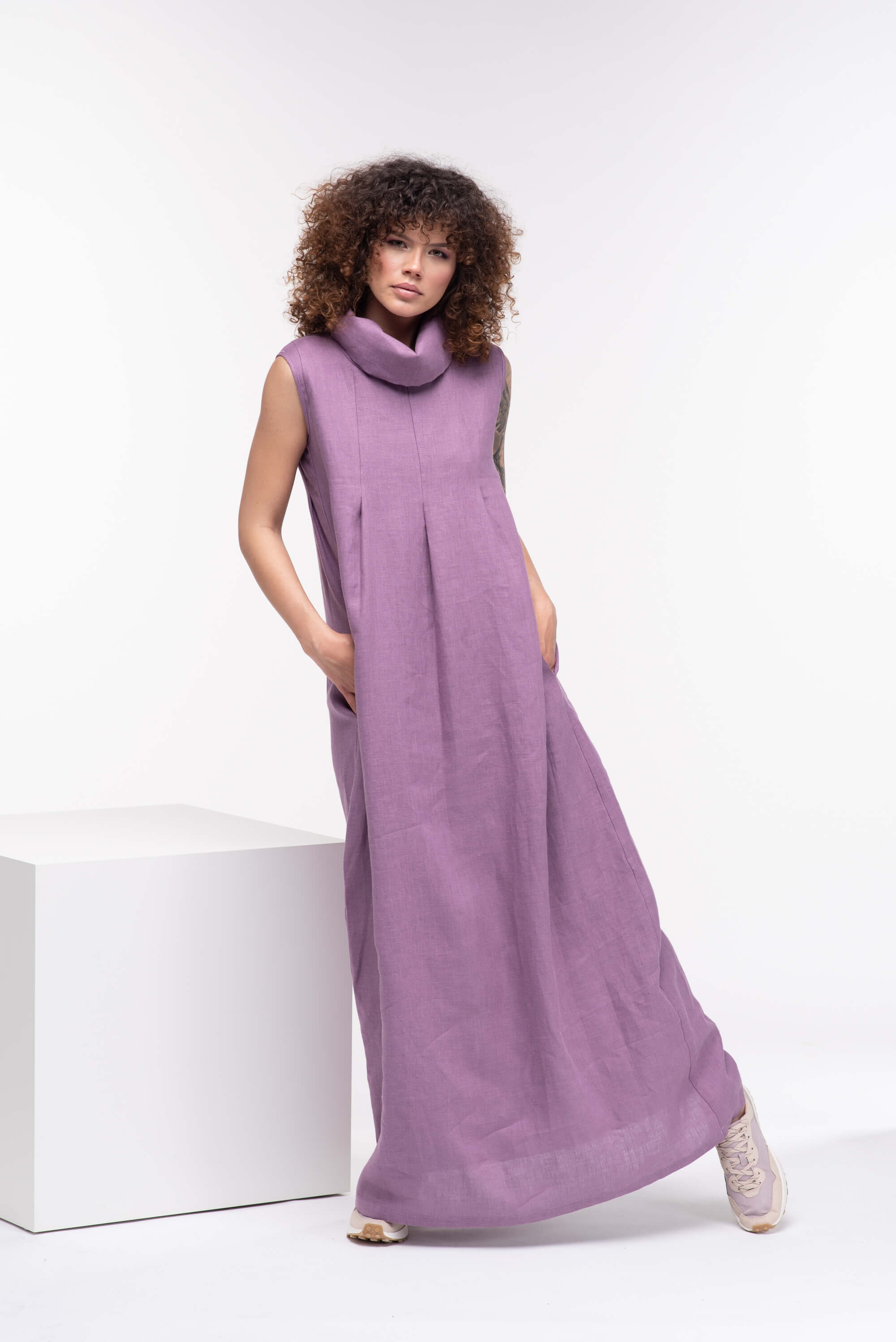 Lavender Turtleneck Long Linen Dress