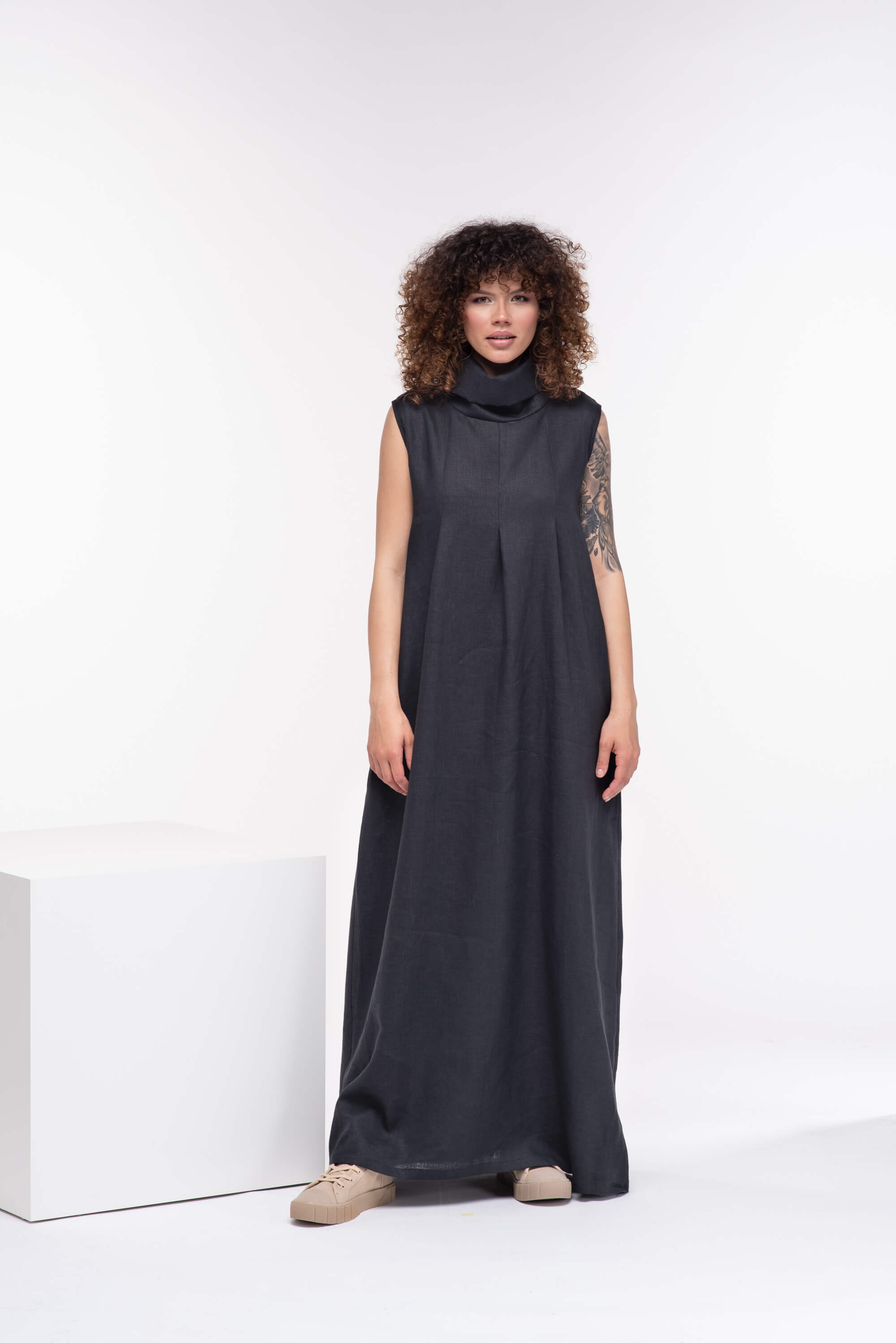 Black Turtleneck Long Linen Dress