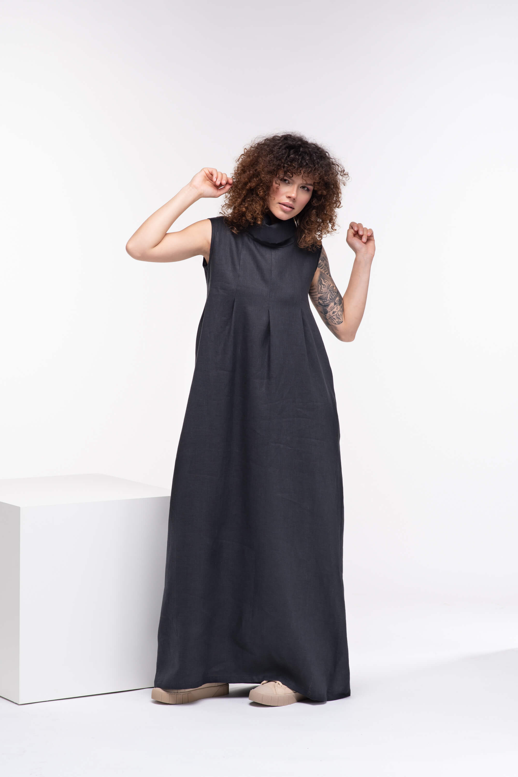 Black Turtleneck Long Linen Dress