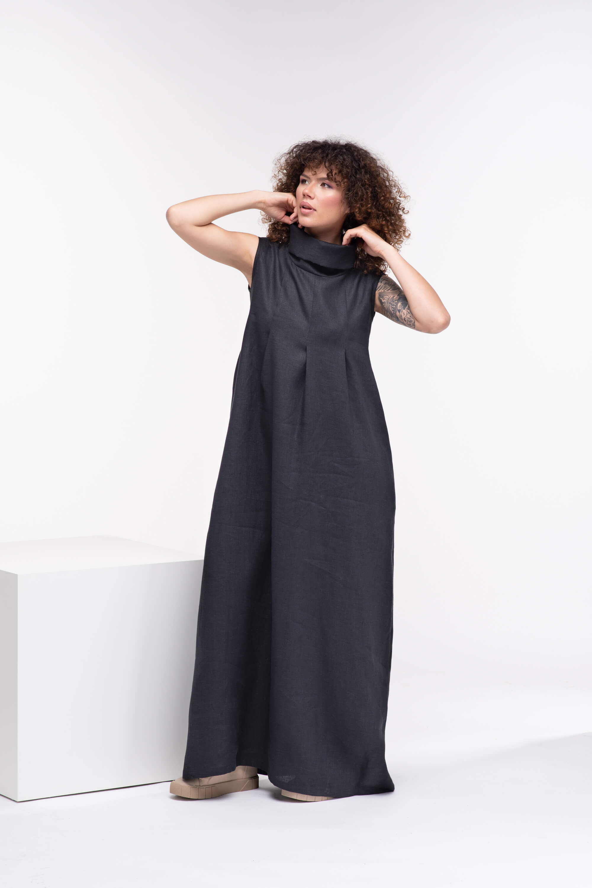 Black Turtleneck Long Linen Dress