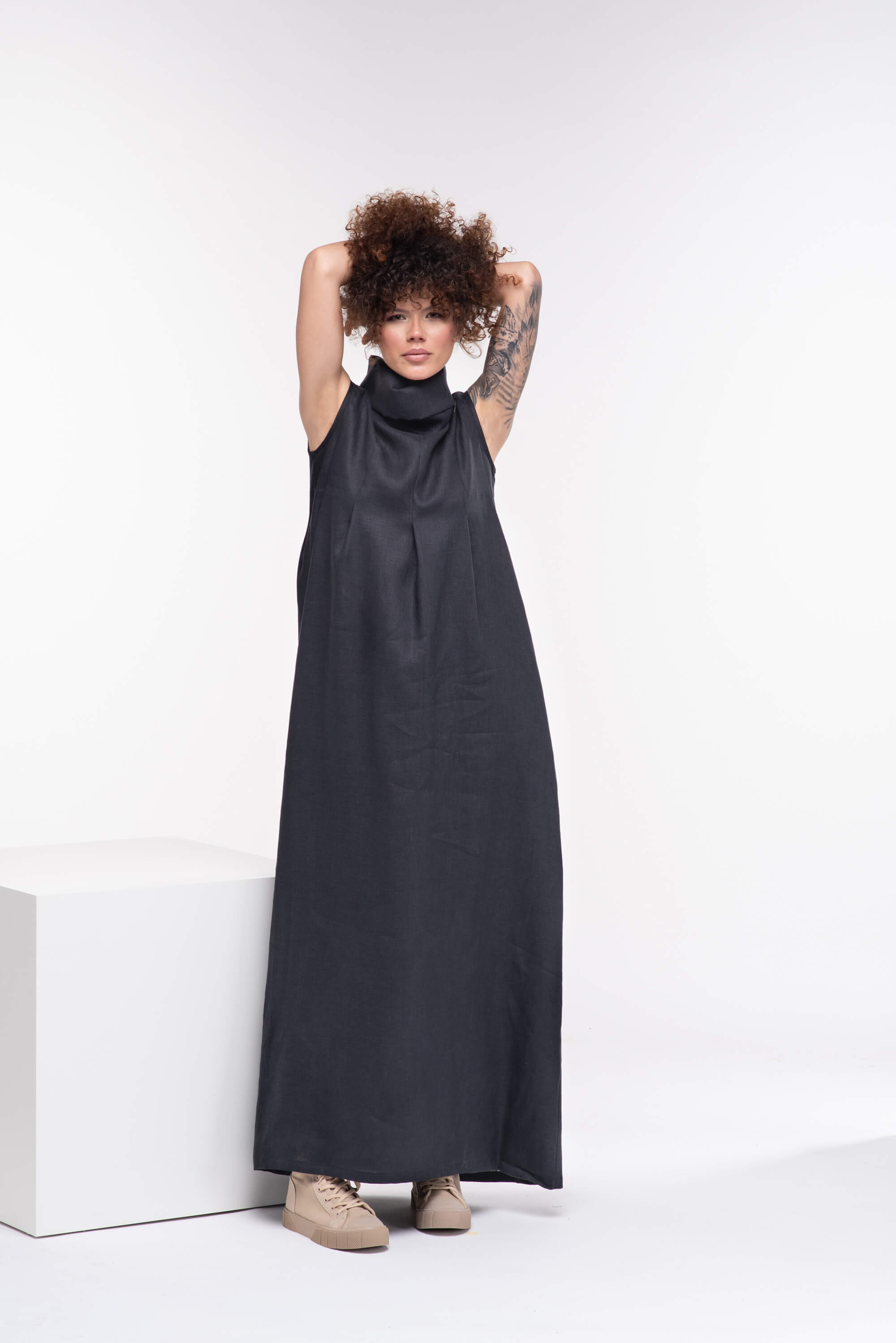 Black Turtleneck Long Linen Dress