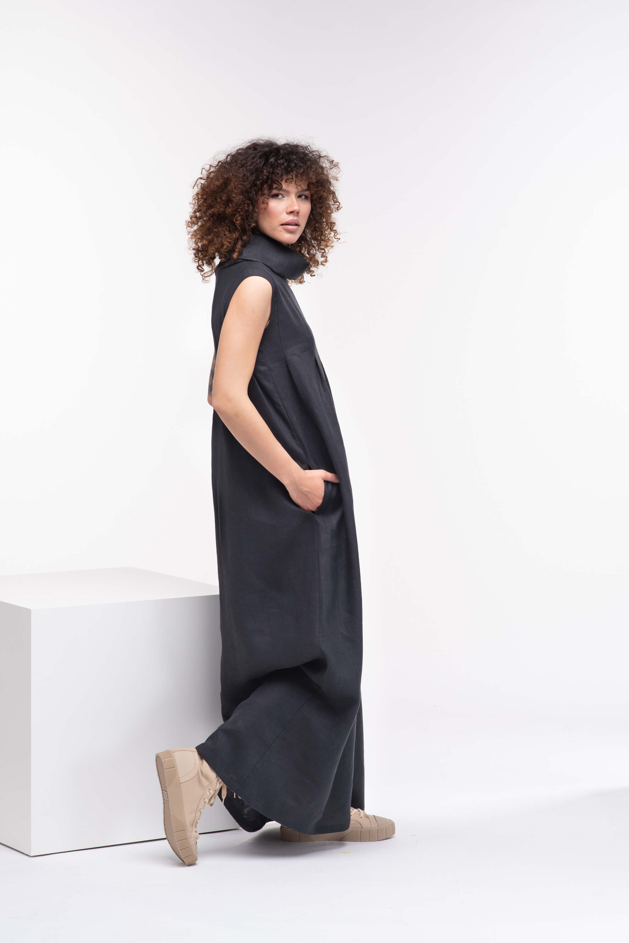 Black Turtleneck Long Linen Dress