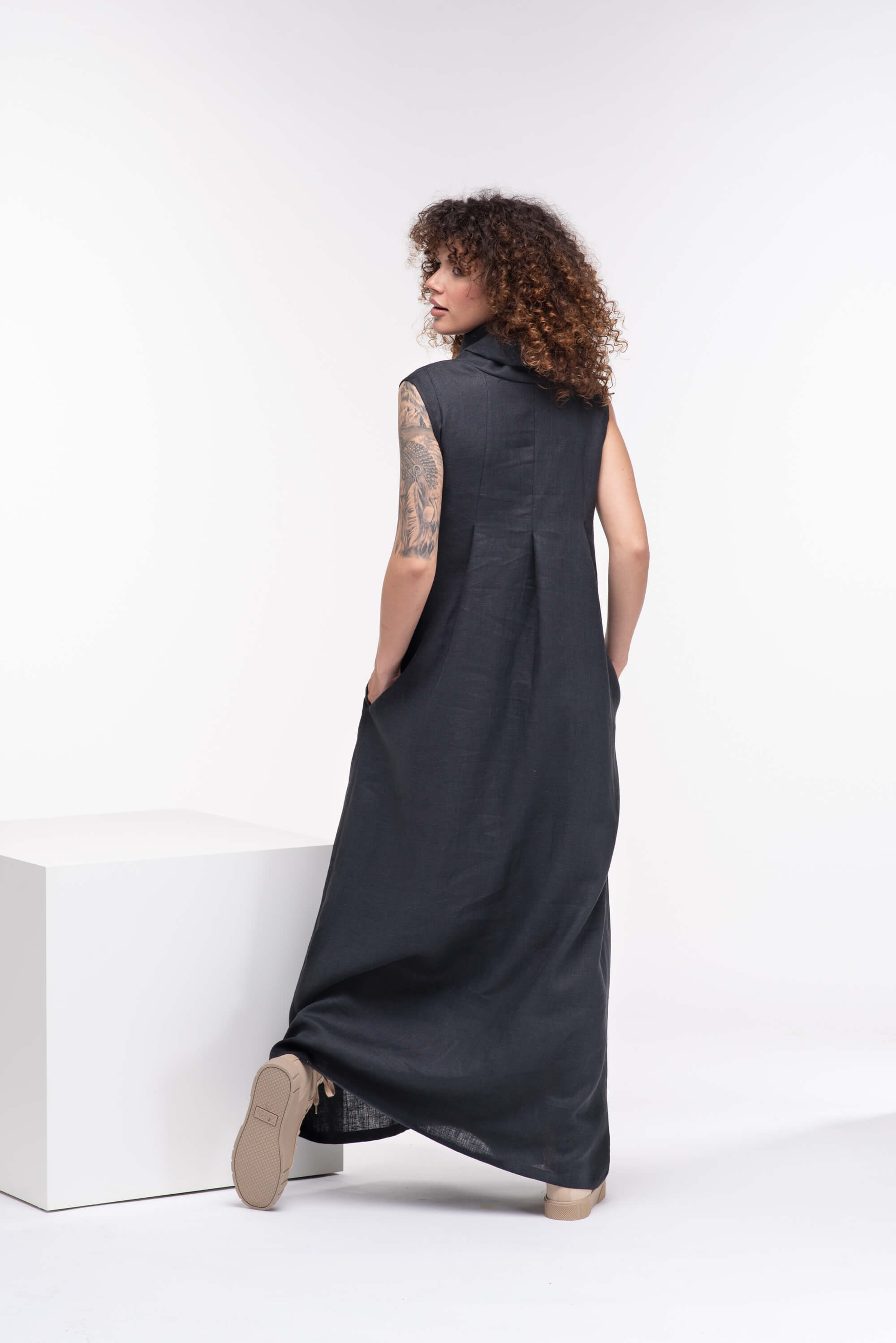 Black Turtleneck Long Linen Dress