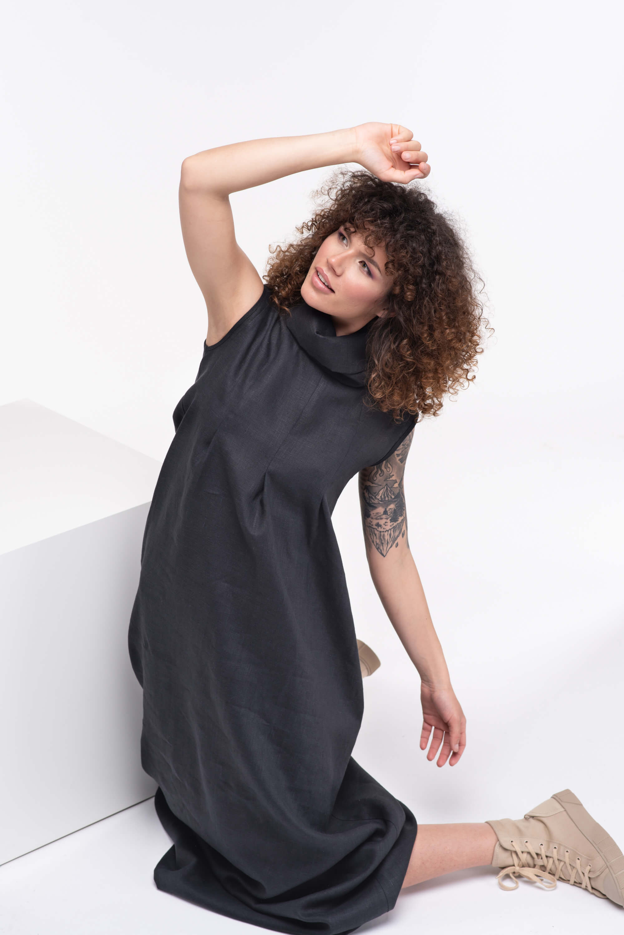 Black Turtleneck Long Linen Dress