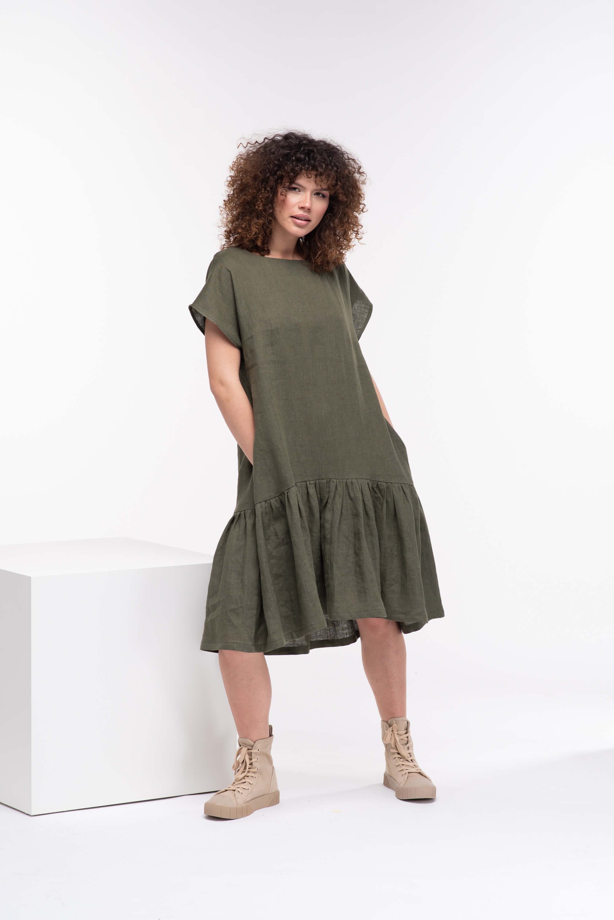 Olive Green Loose Linen Dress