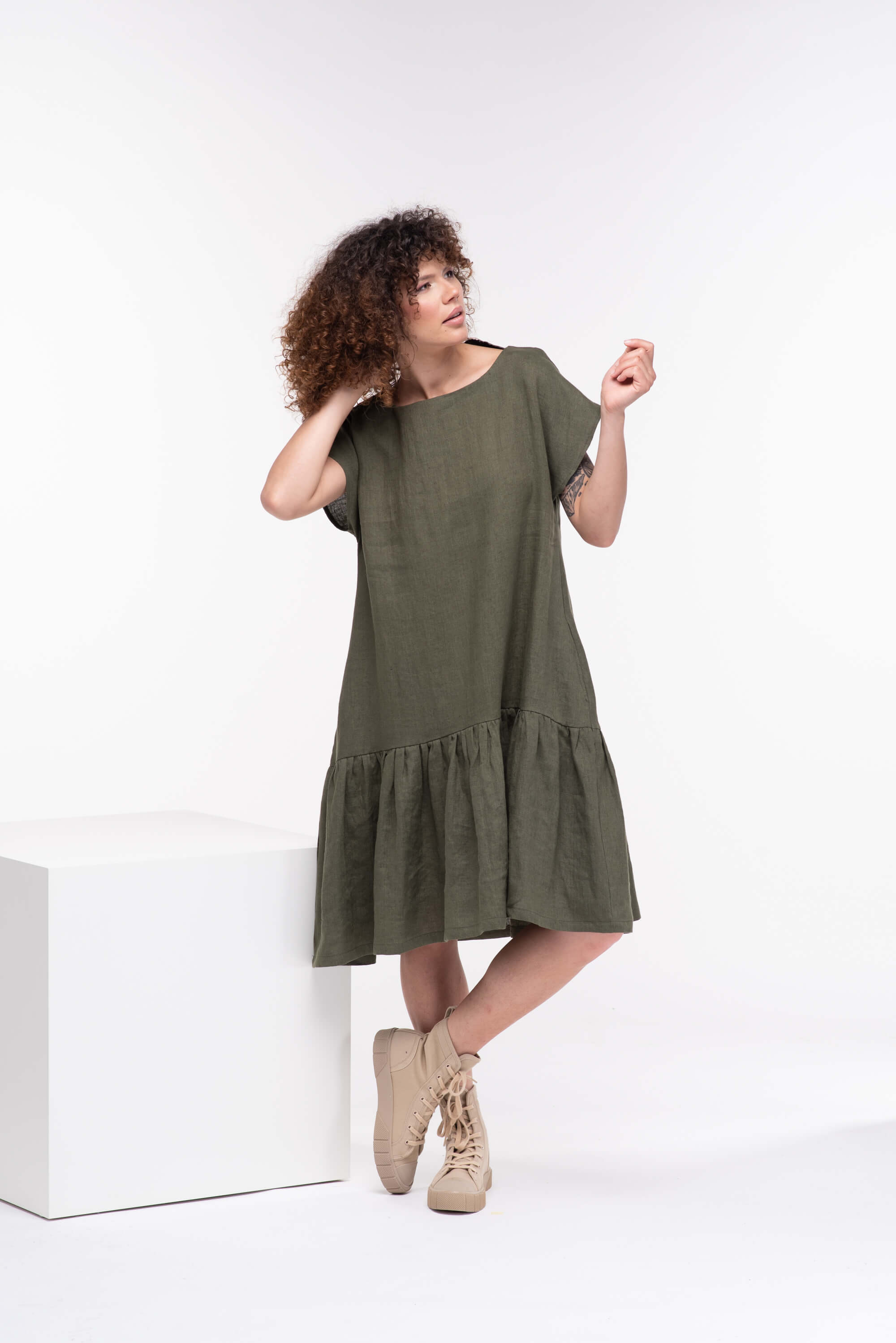 Olive Green Loose Linen Dress