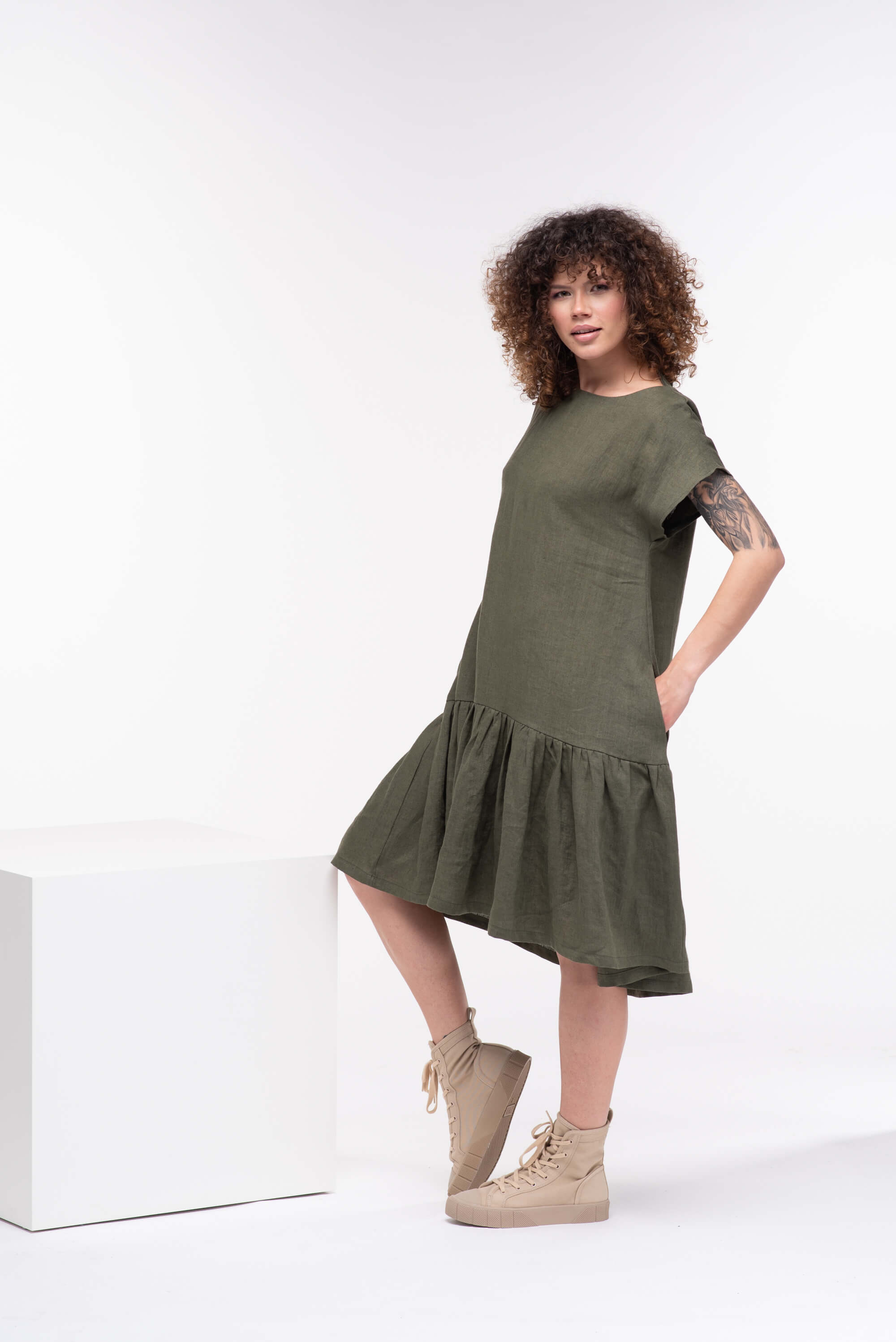 Olive Green Loose Linen Dress