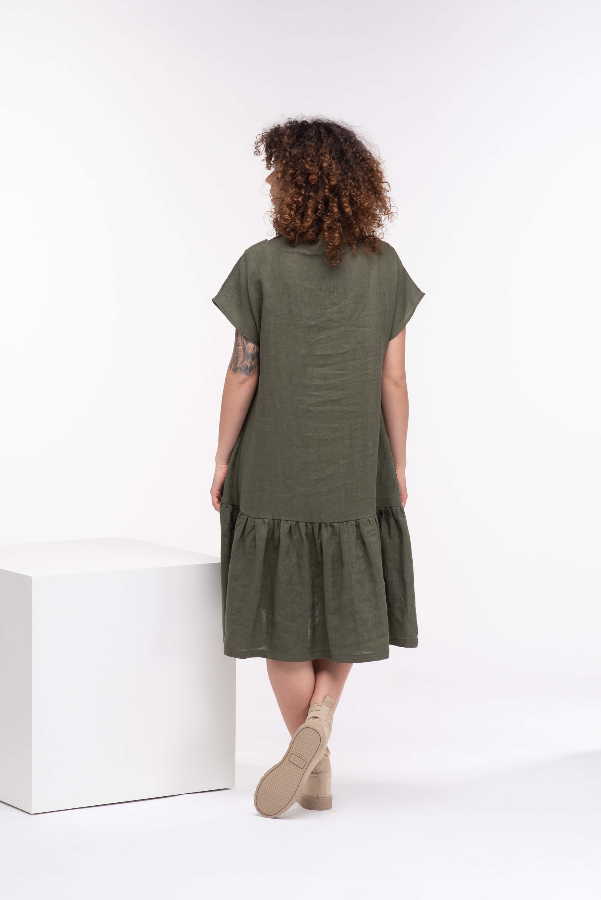 Olive Green Loose Linen Dress