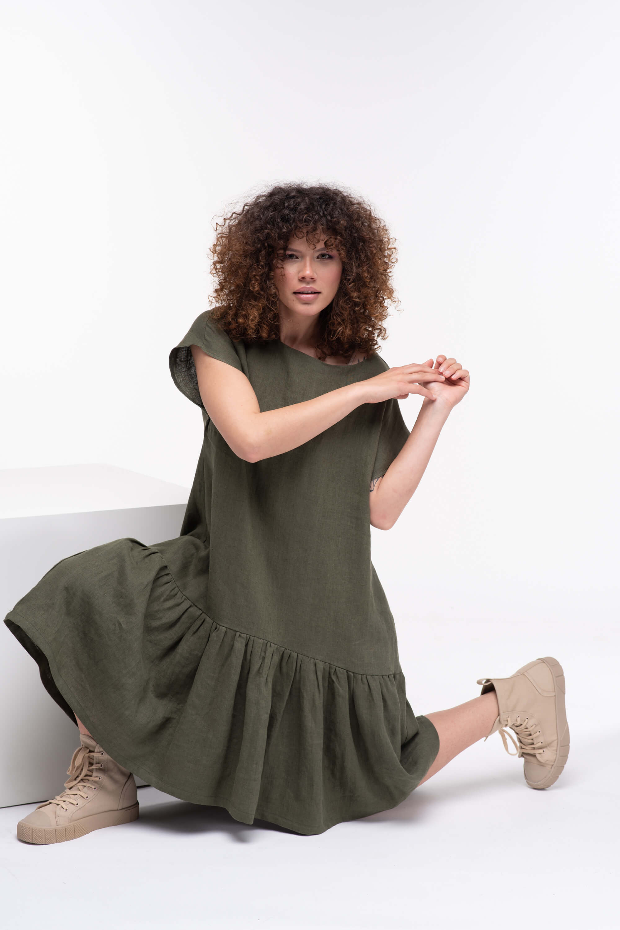 Olive Green Loose Linen Dress