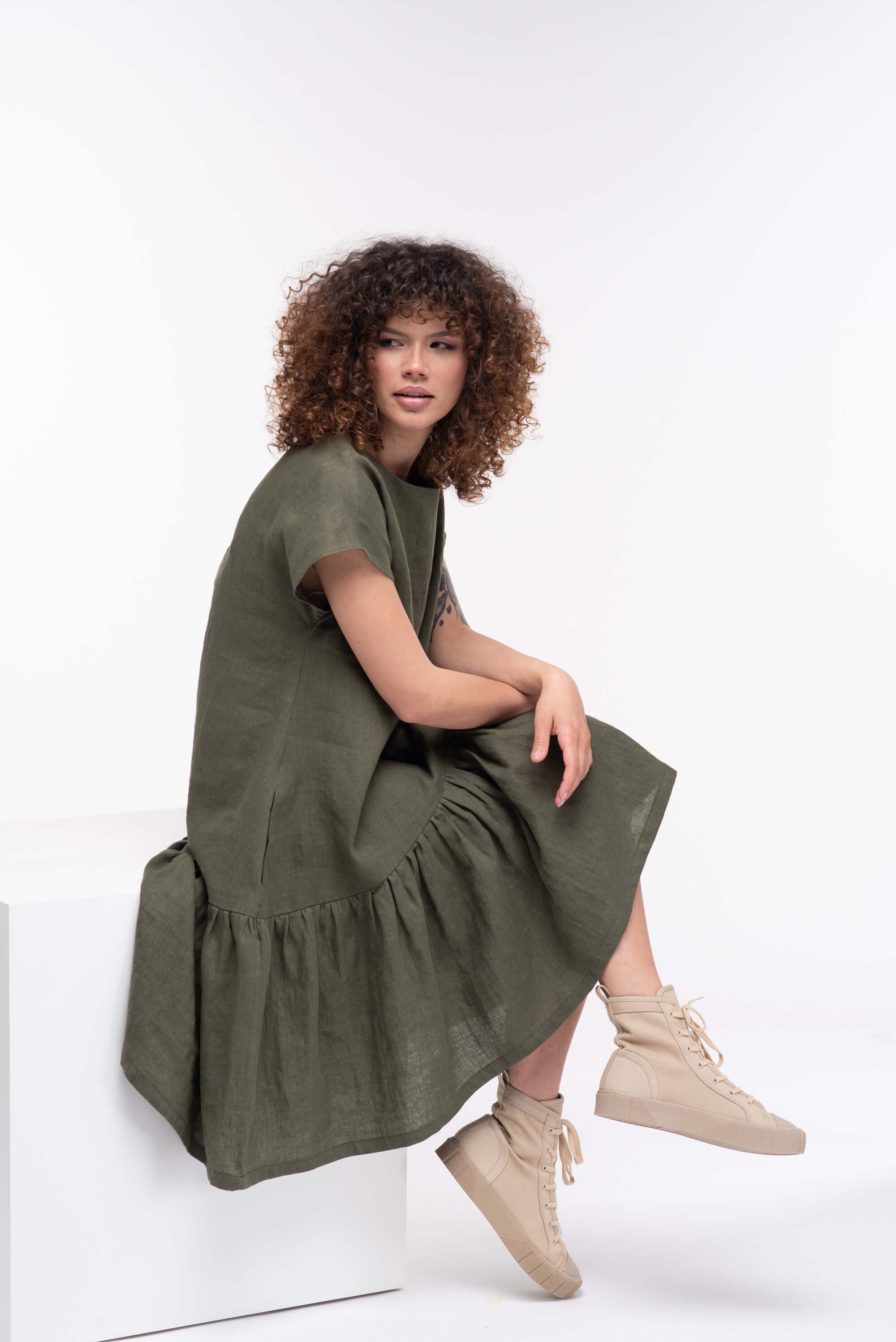 Olive Green Loose Linen Dress