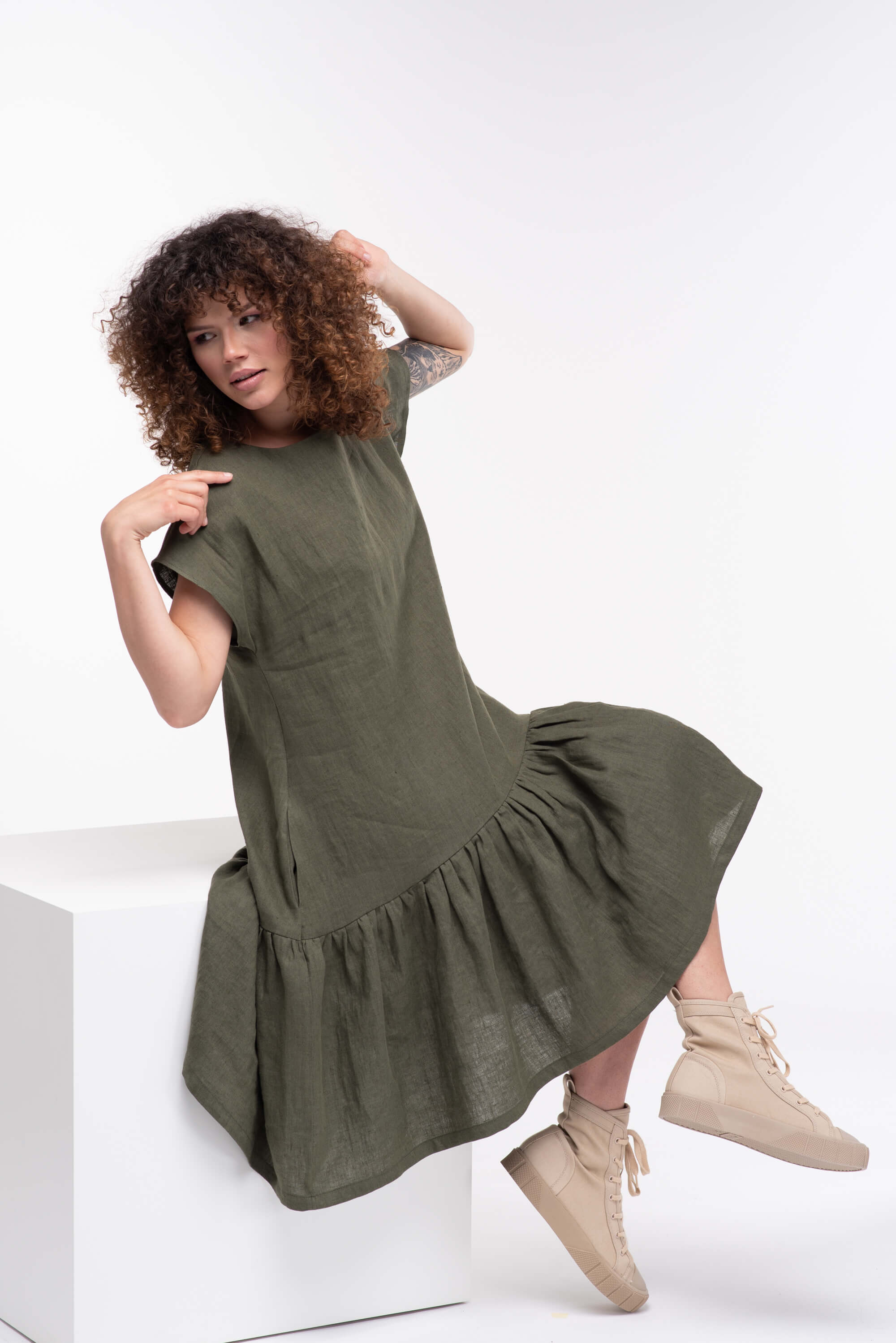 Olive Green Loose Linen Dress