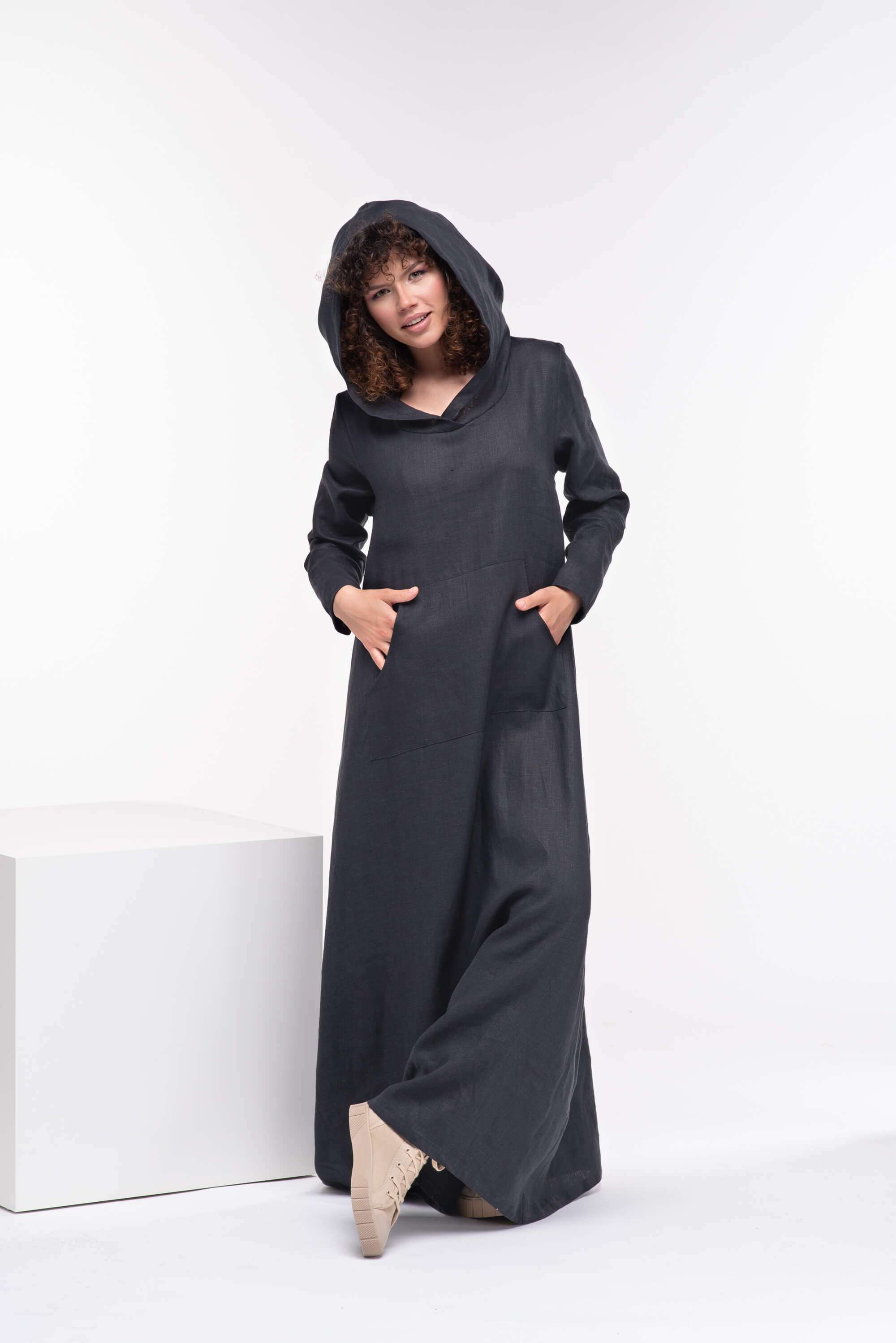 Black Long Hooded Kaftan Dress