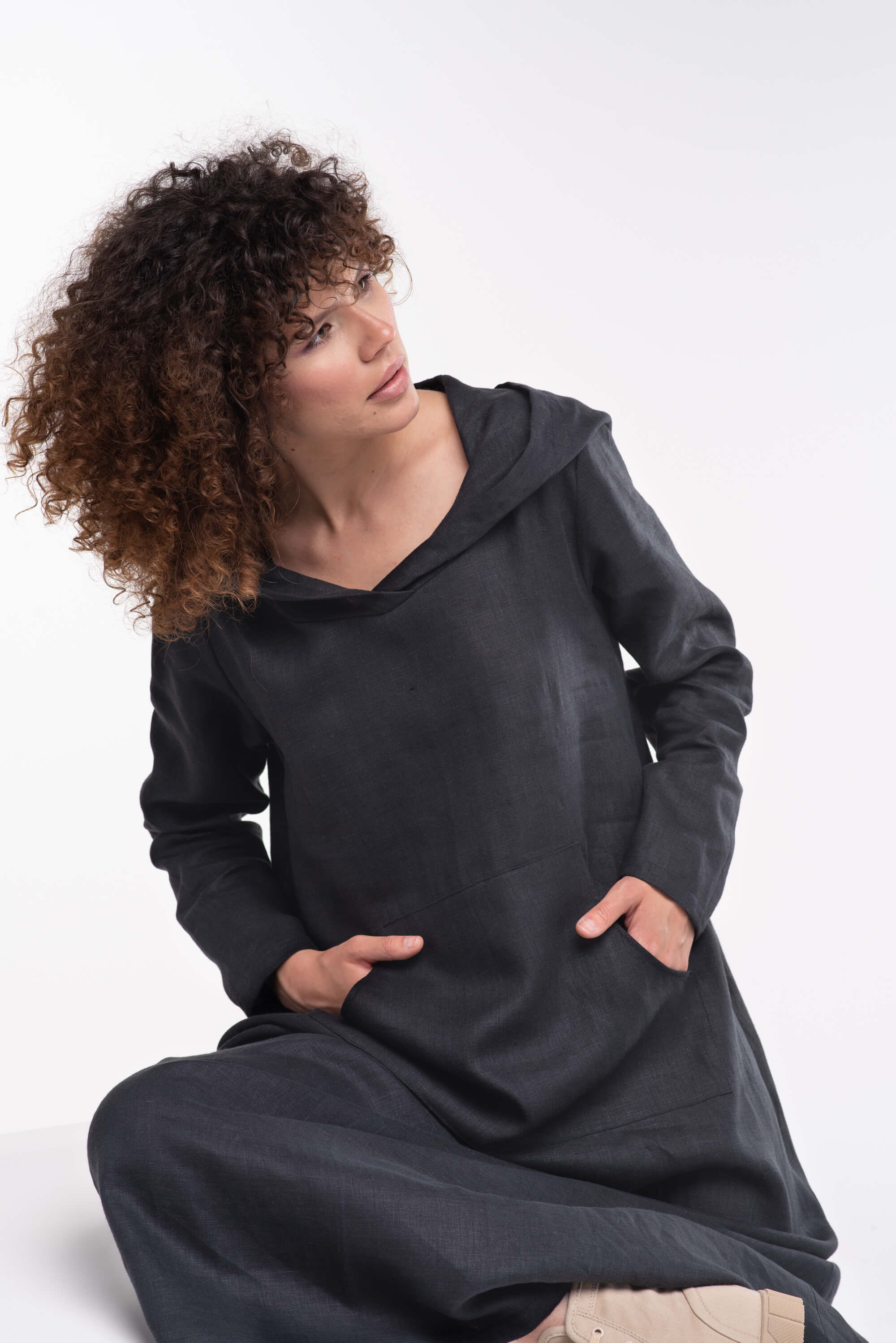 Black Long Hooded Kaftan Dress