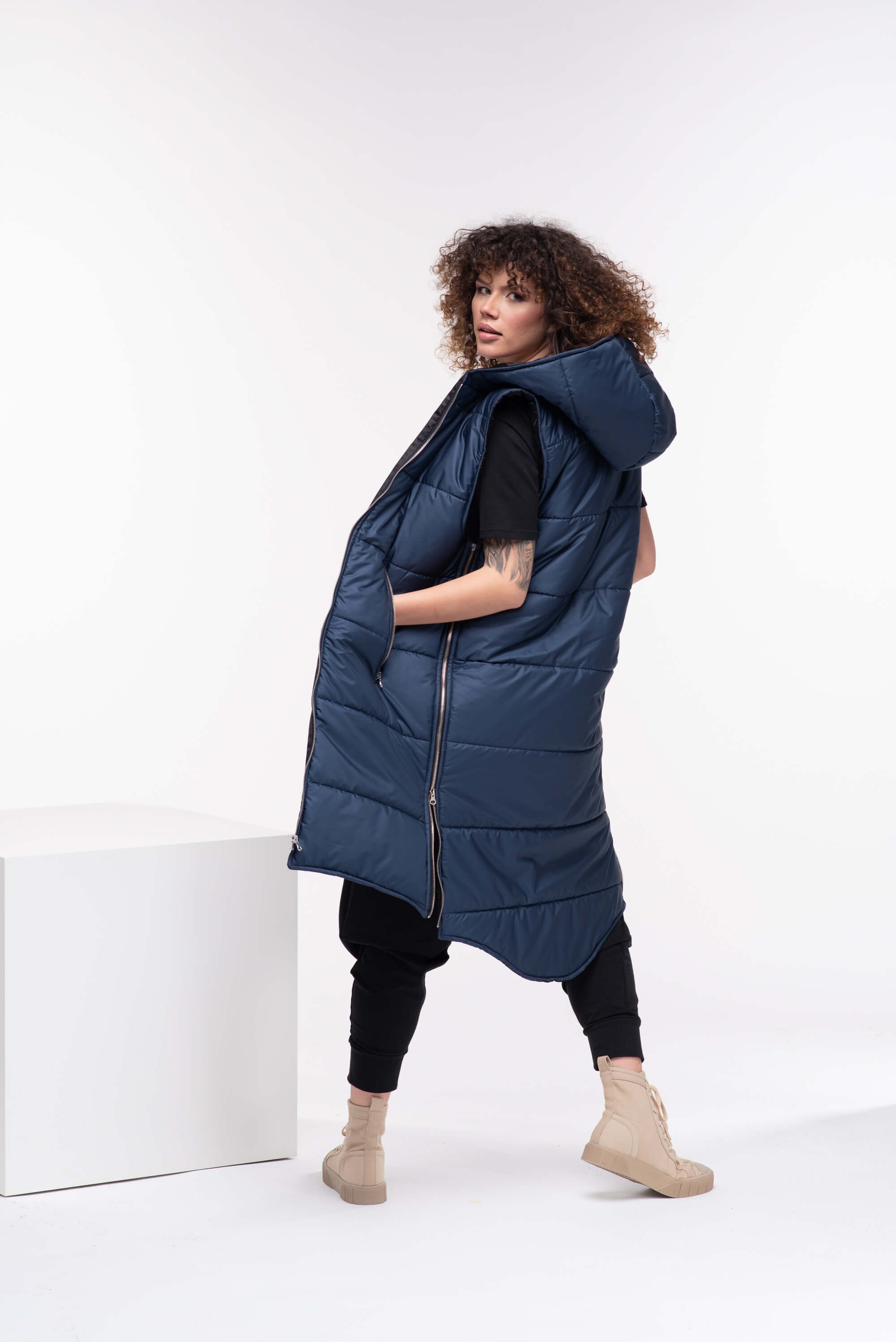 Dark Blue Quilted Puffer Hooded Vest