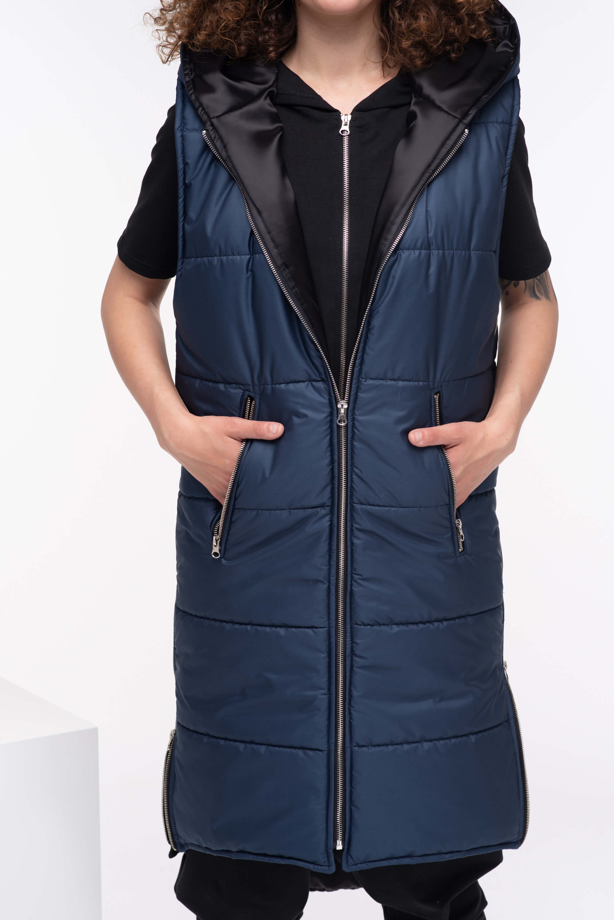 Dark Blue Quilted Puffer Hooded Vest