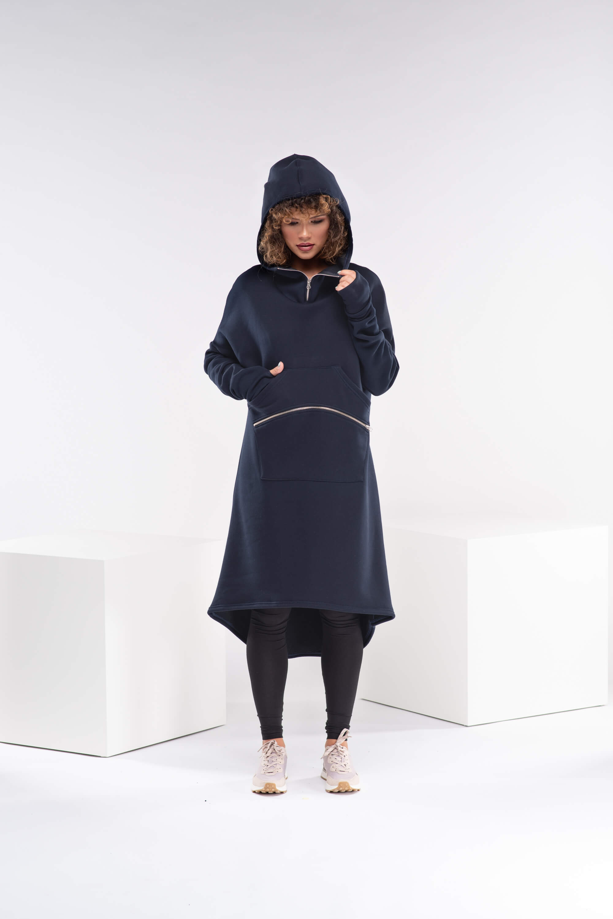 Navy Long Hooded Sweatshirt Tunic