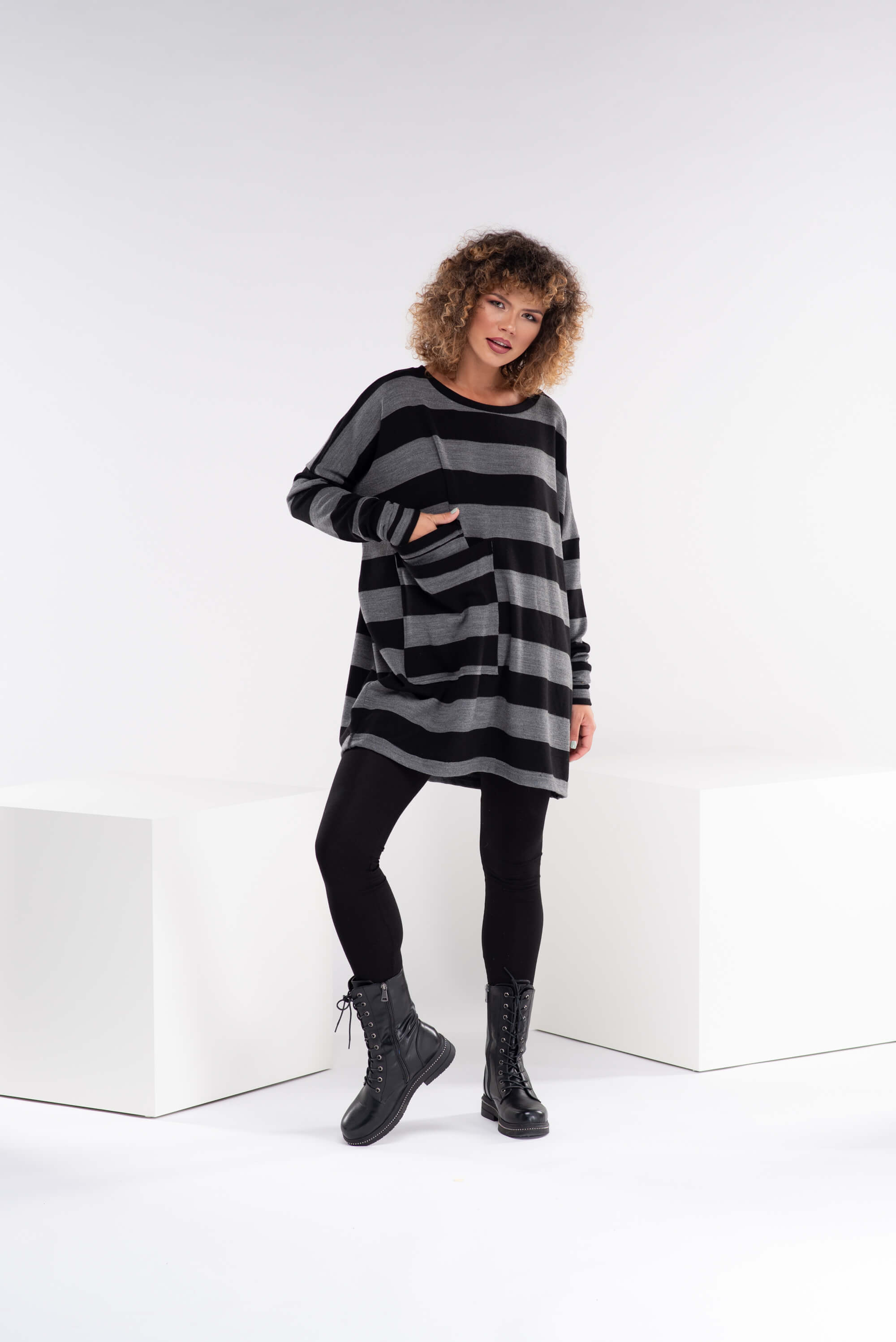 Black and Dark Grey Wool Sweater Tunic Top