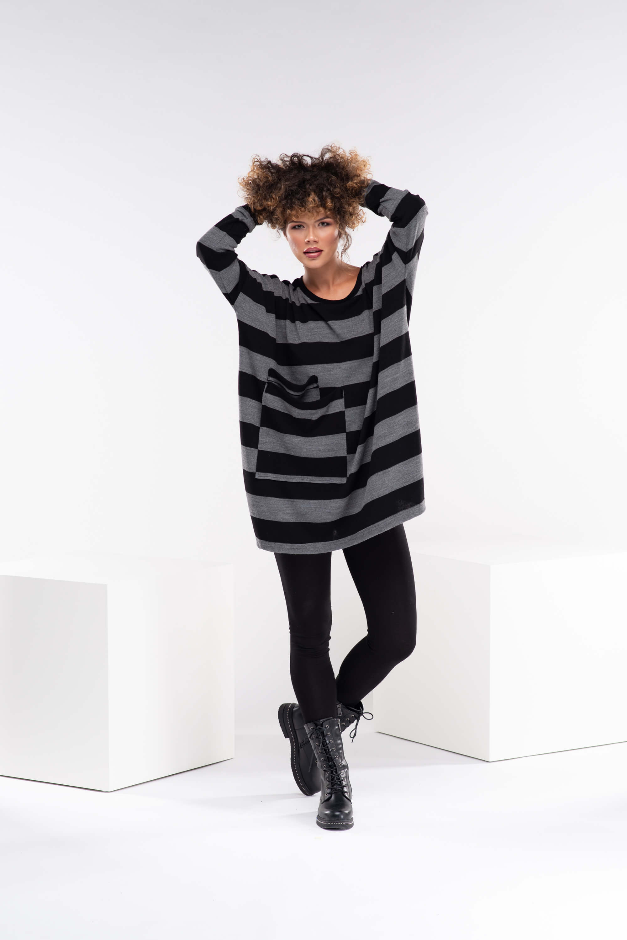 Black and Dark Grey Wool Sweater Tunic Top