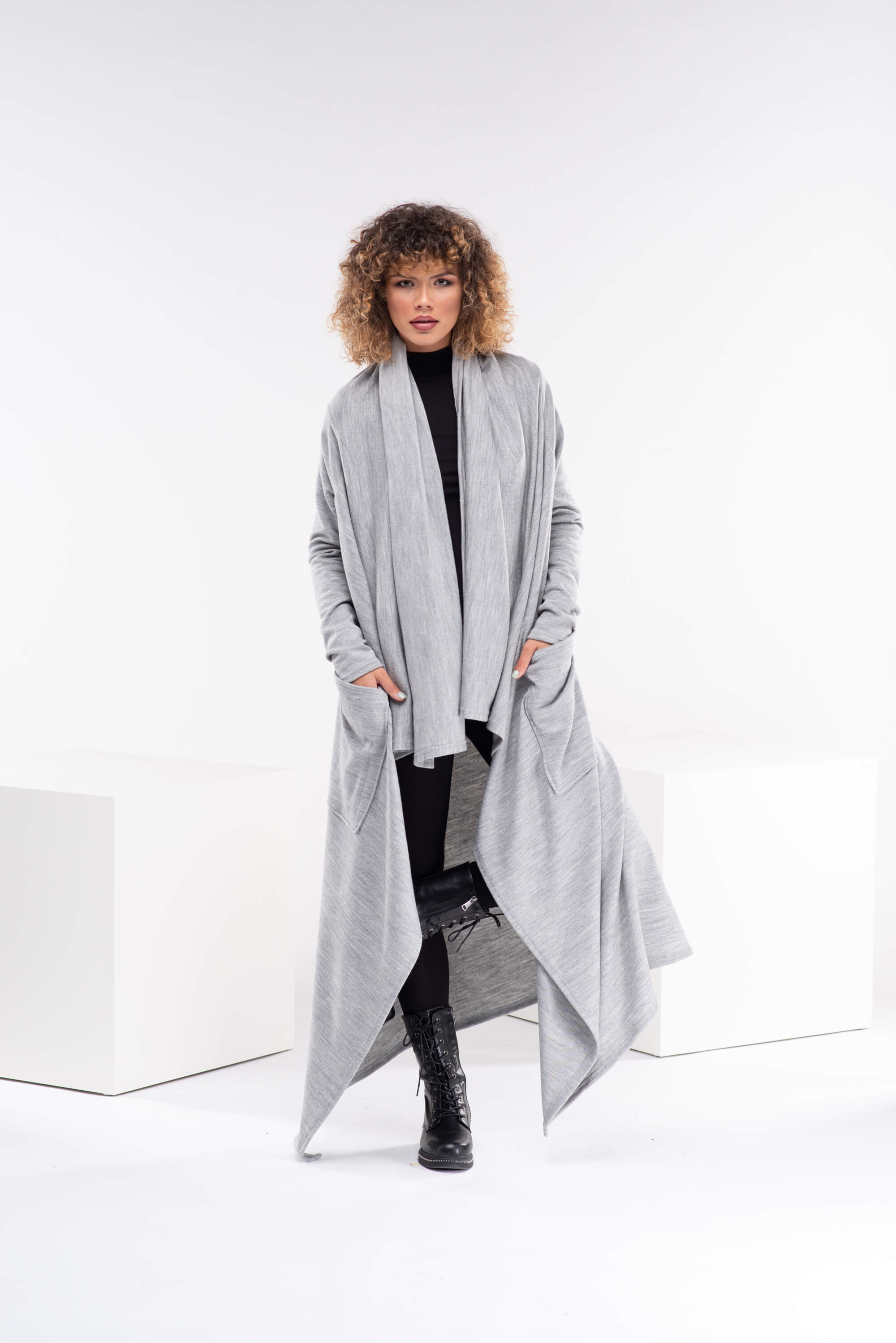 Light Grey Long Asymmetrical Wool Cape