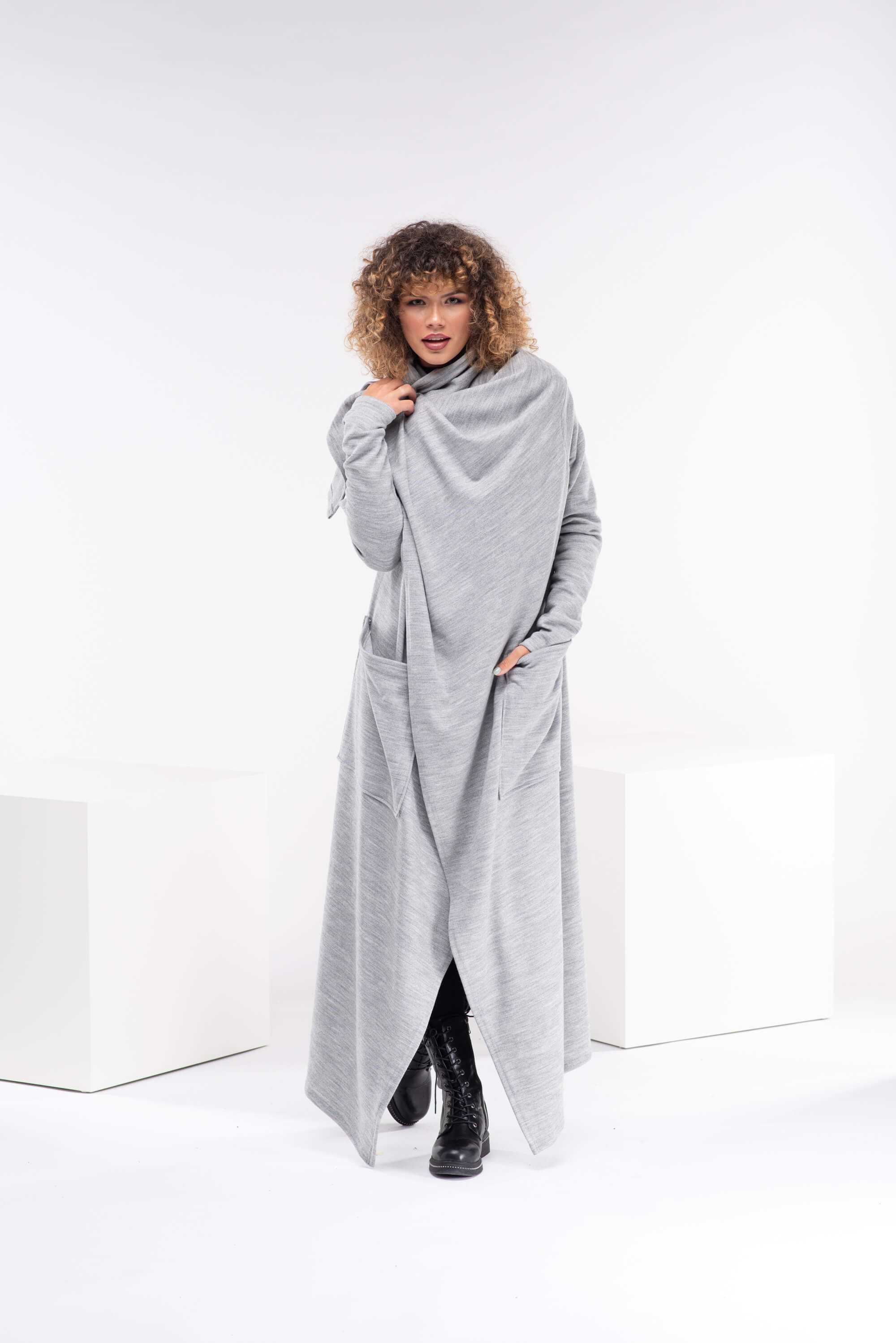 Light Grey Long Asymmetrical Wool Cape