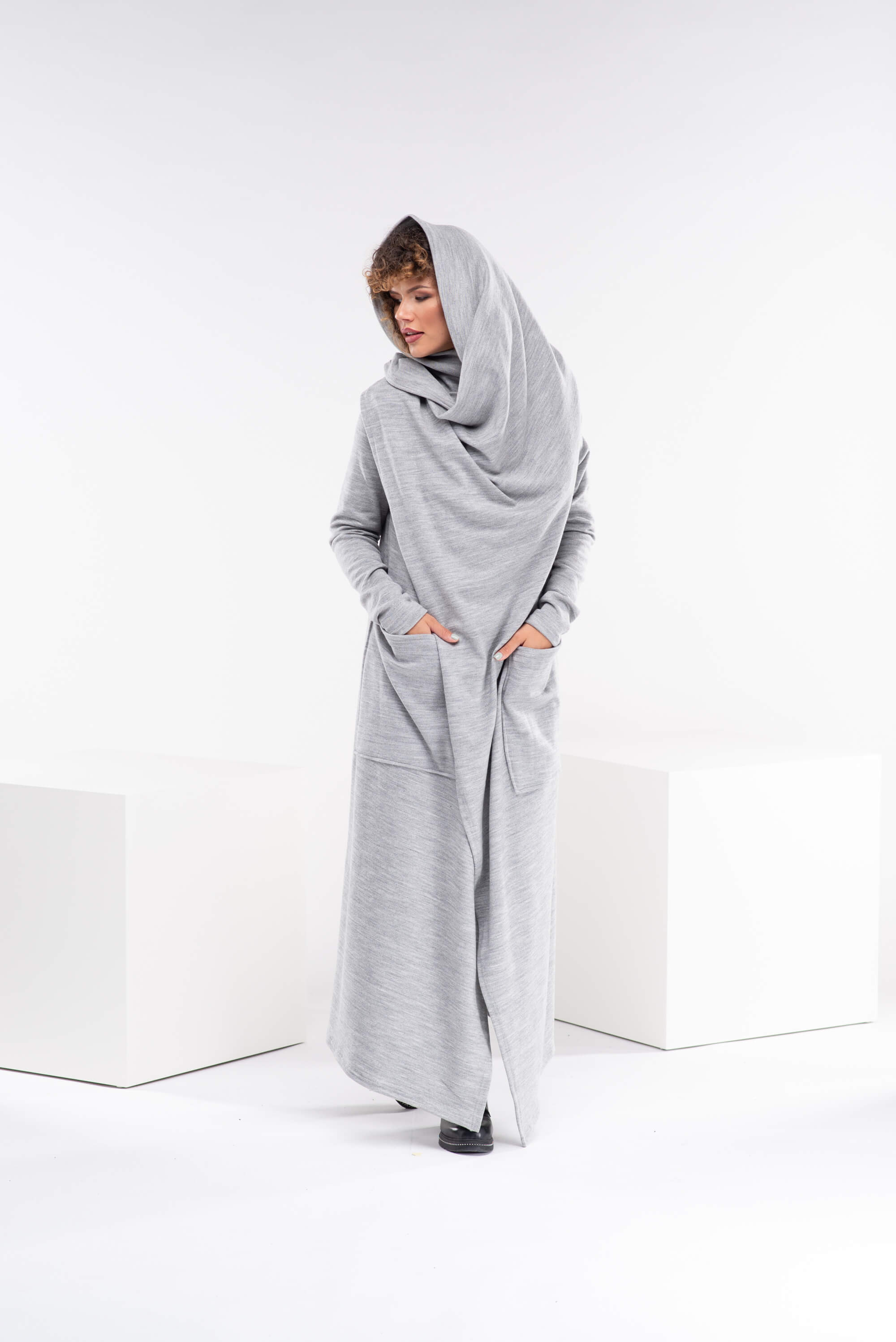 Light Grey Long Asymmetrical Wool Cape