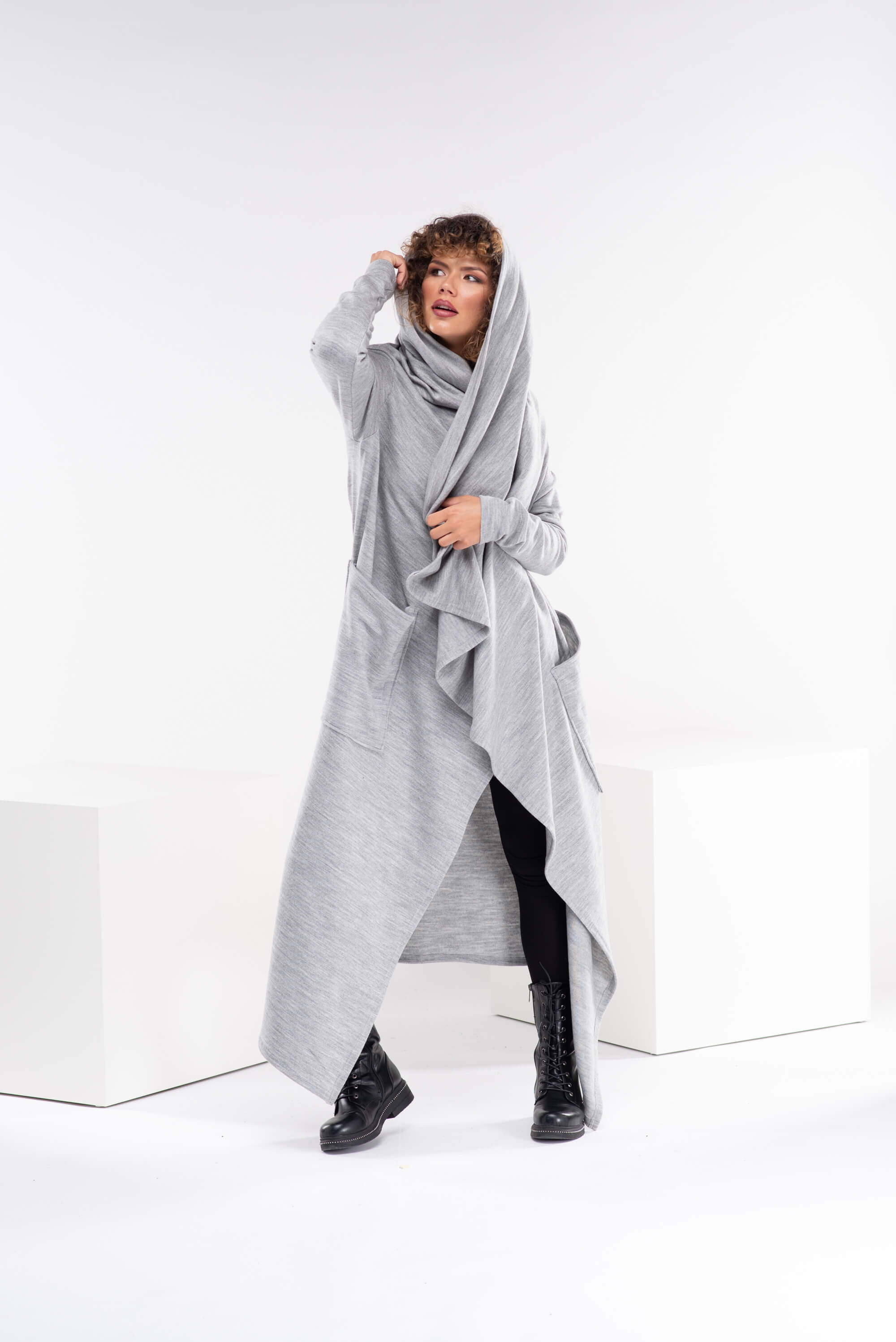 Light Grey Long Asymmetrical Wool Cape