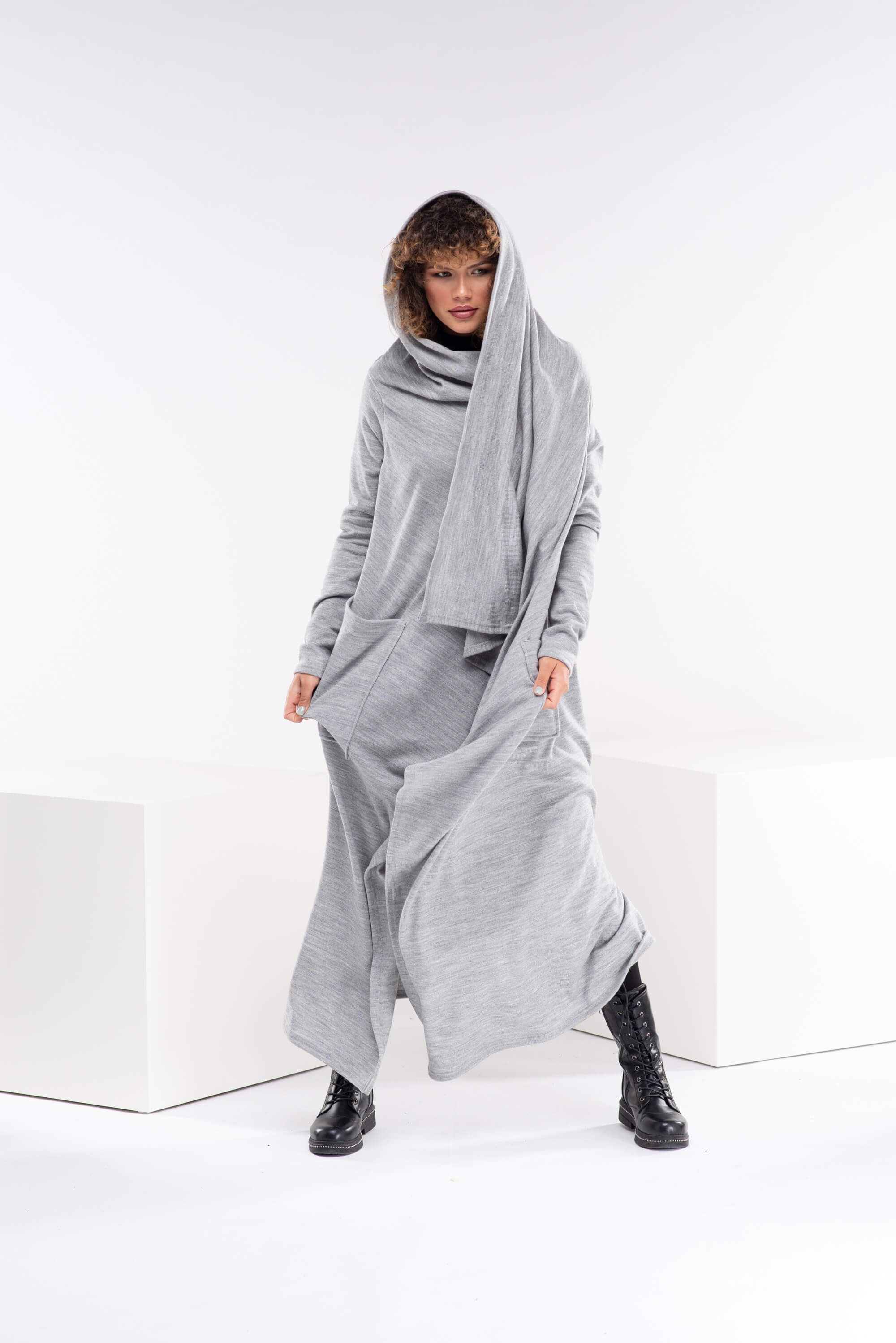 Light Grey Long Asymmetrical Wool Cape