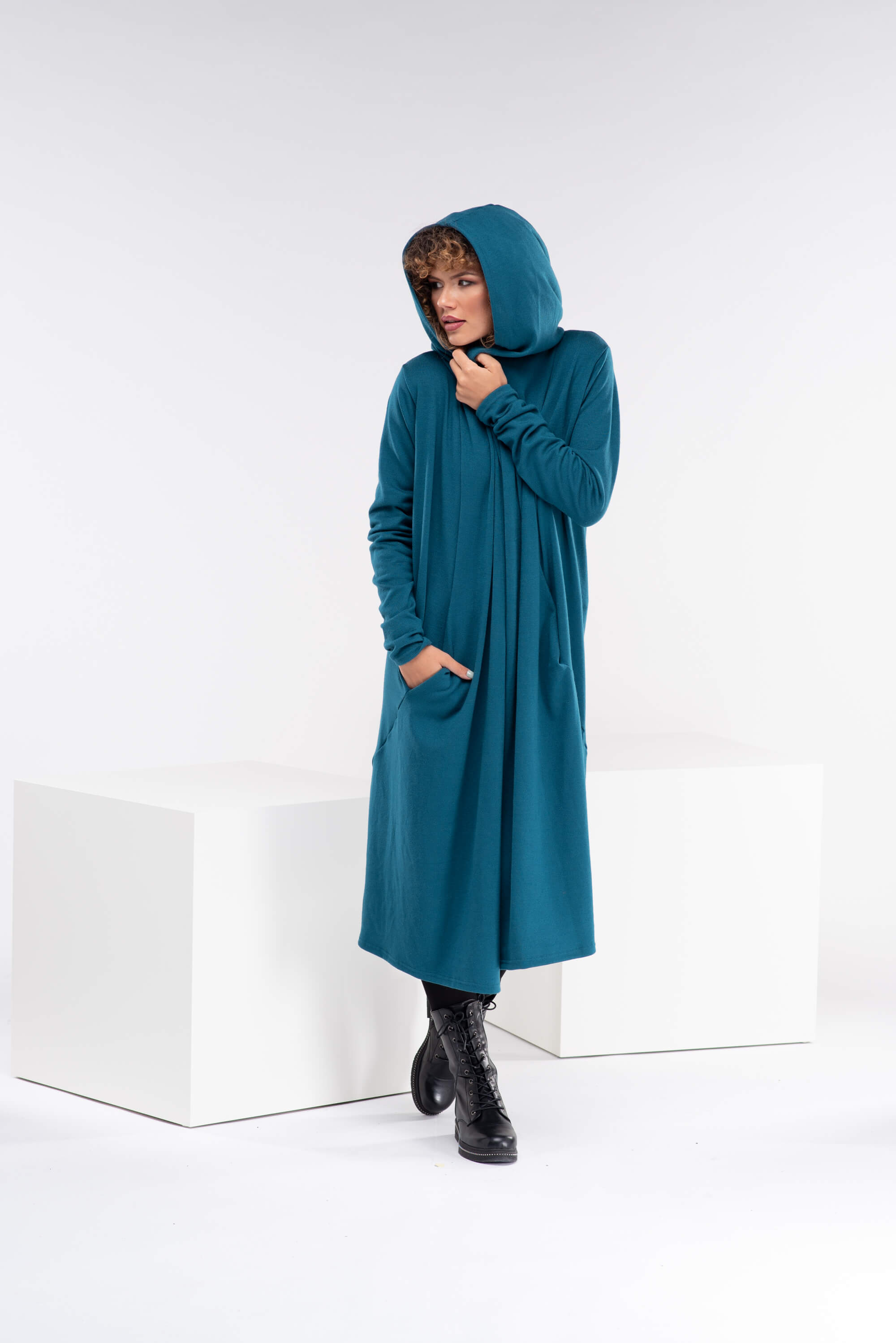 Teal Long Wool Hooded Cardigan