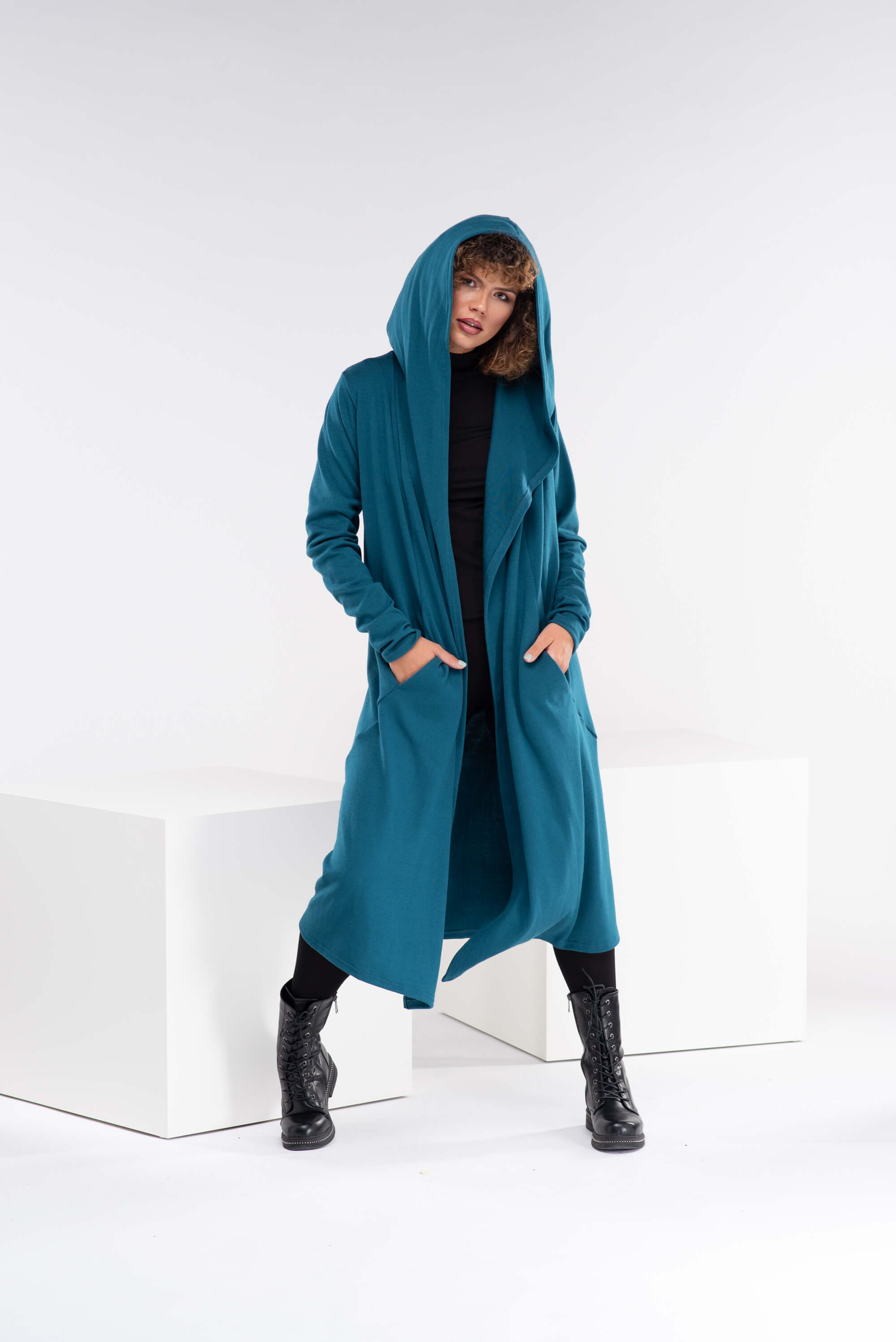 Teal Long Wool Hooded Cardigan