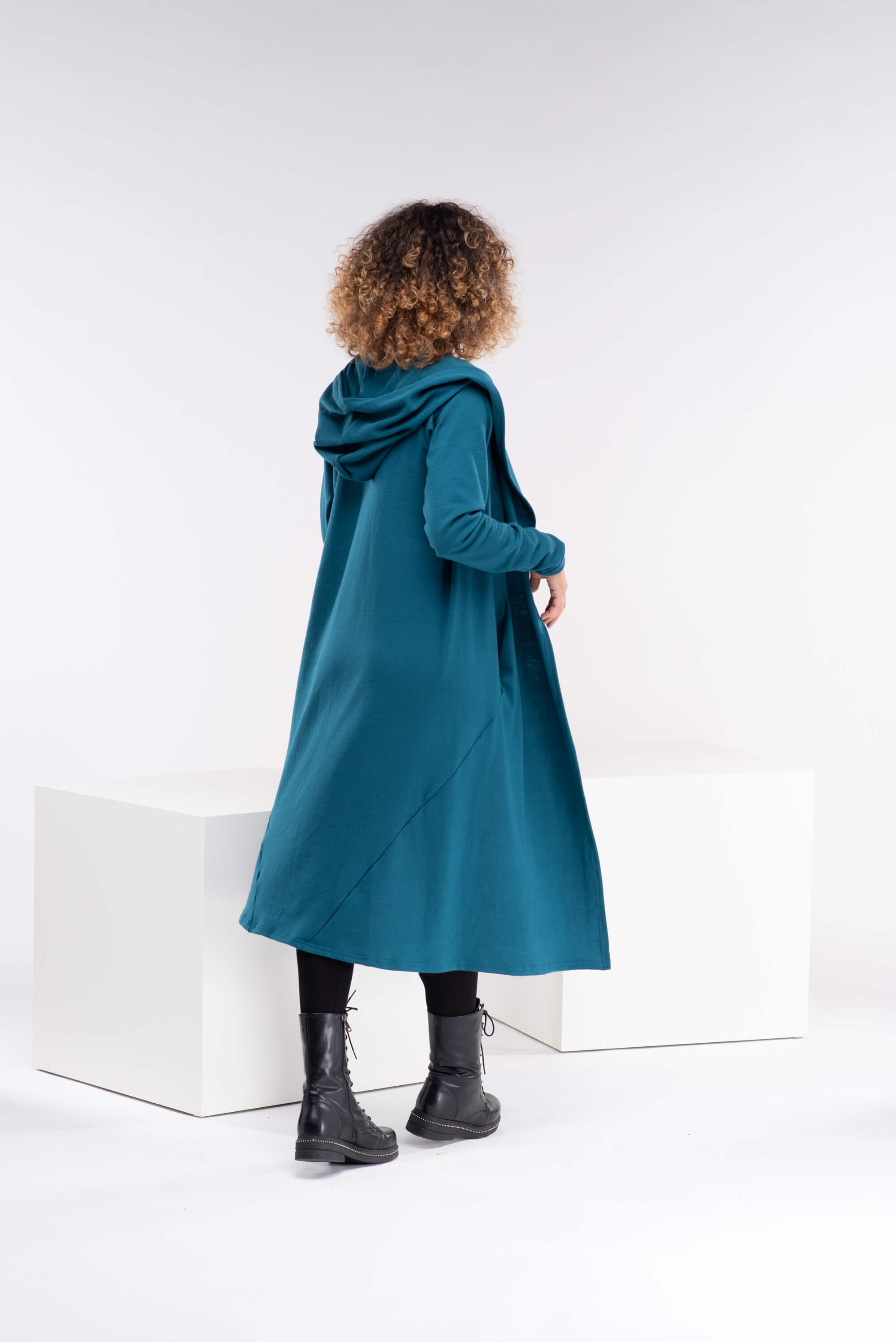 Teal Long Wool Hooded Cardigan