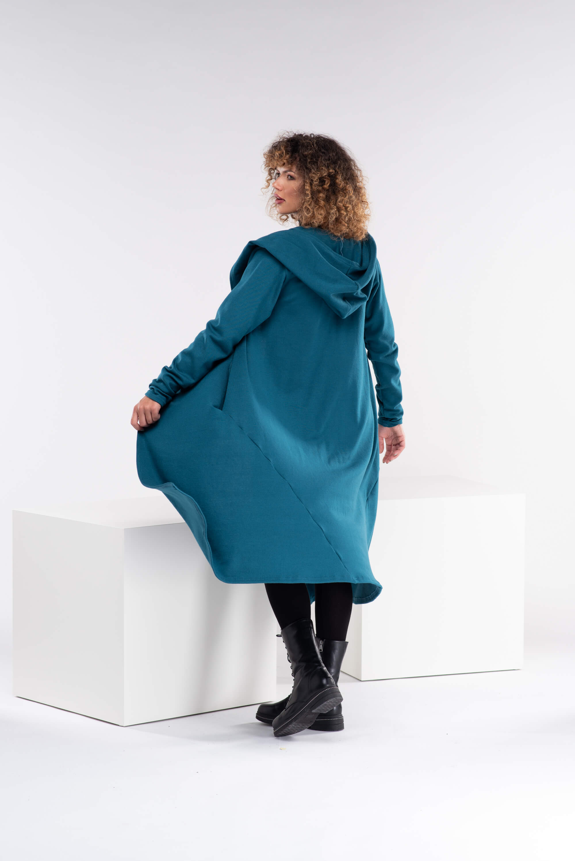 Teal Long Wool Hooded Cardigan