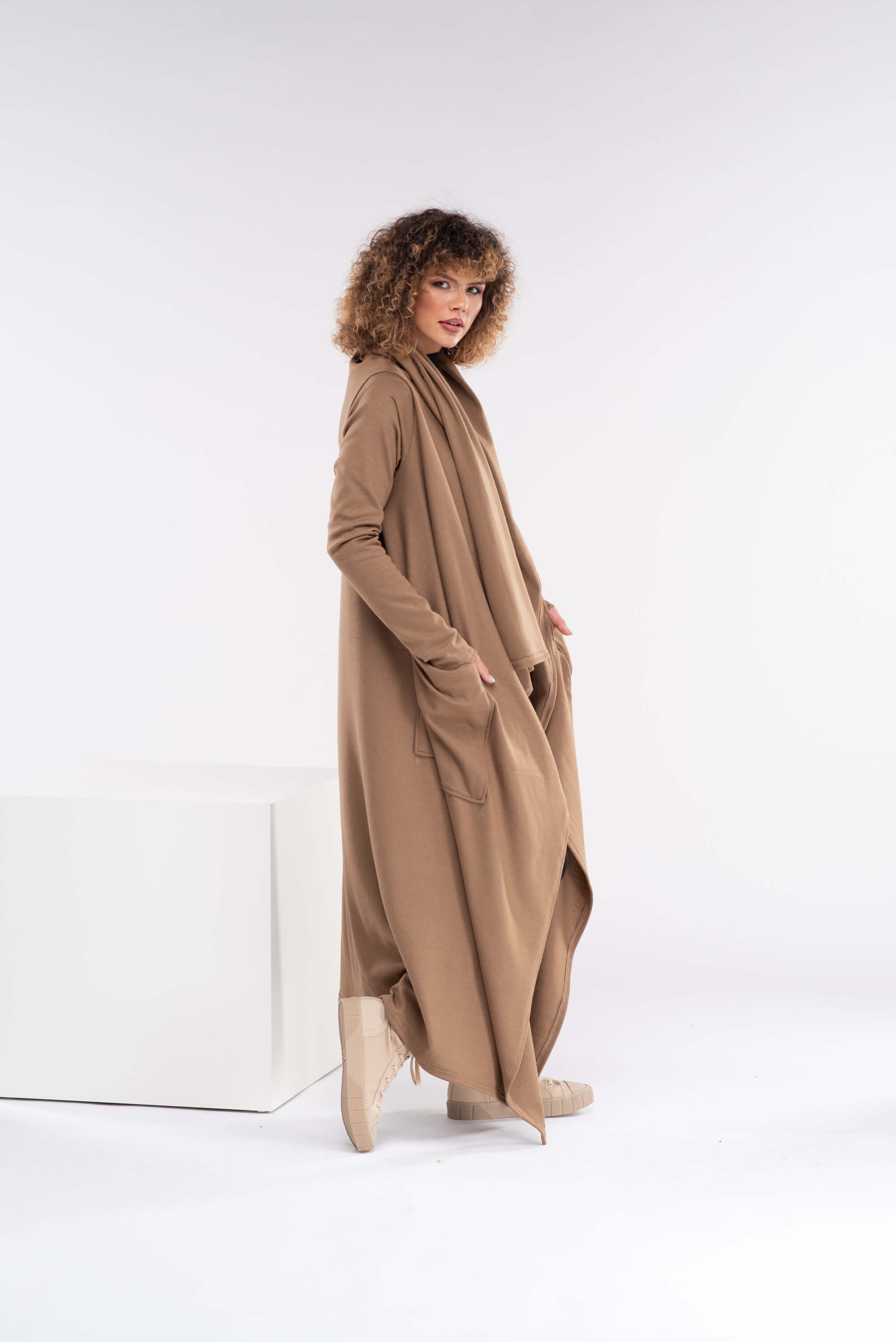 Camel Long Asymmetrical Wool Cape