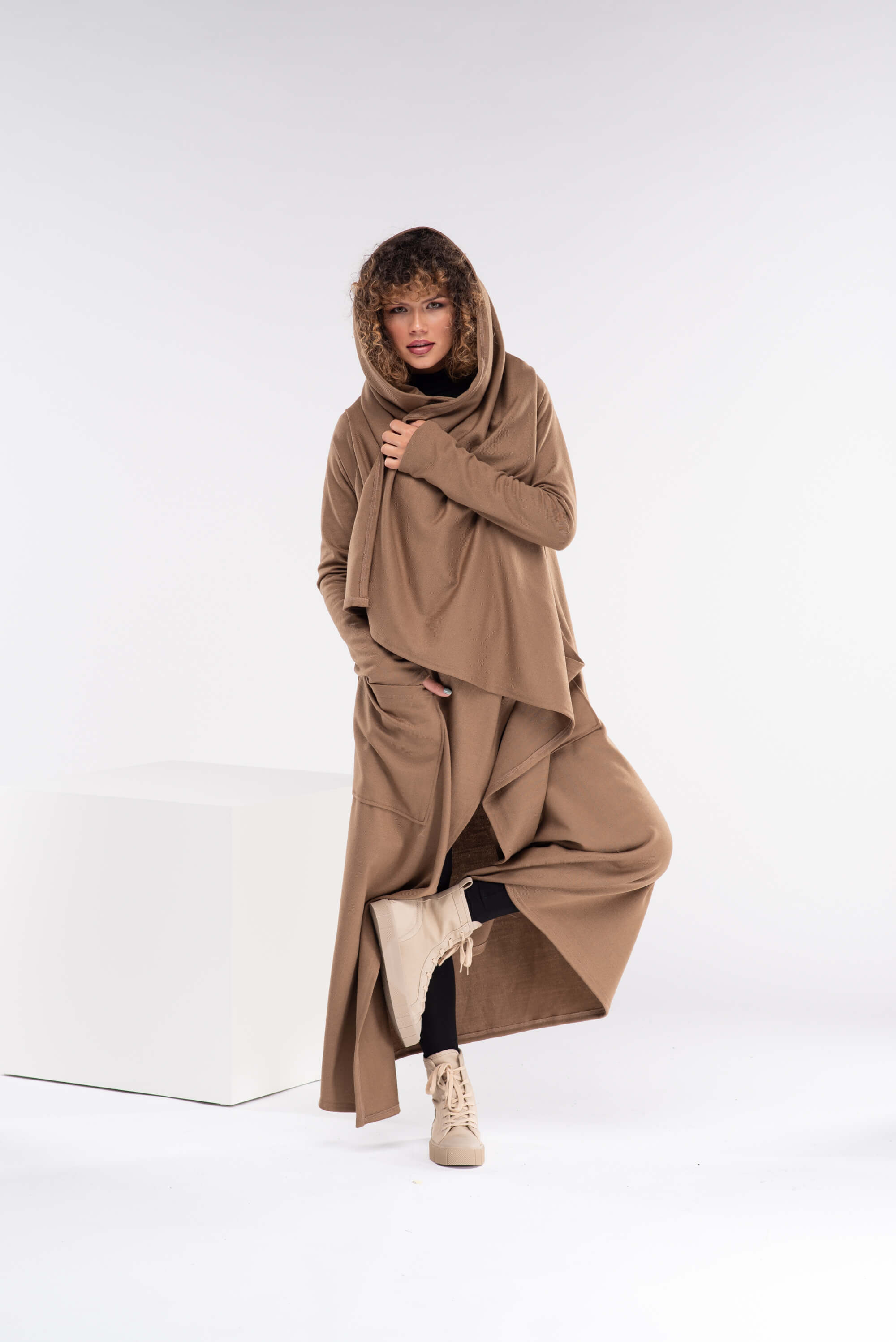 Camel Long Asymmetrical Wool Cape