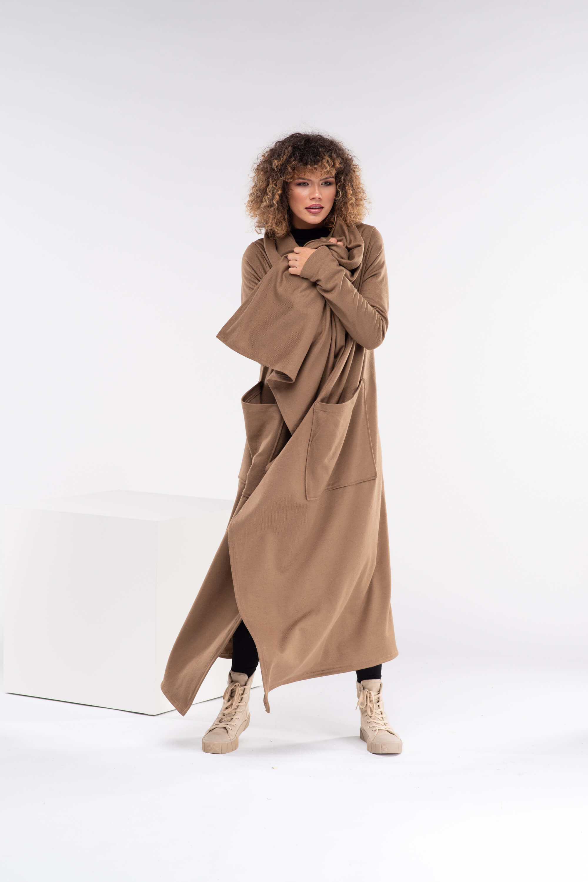 Camel Long Asymmetrical Wool Cape