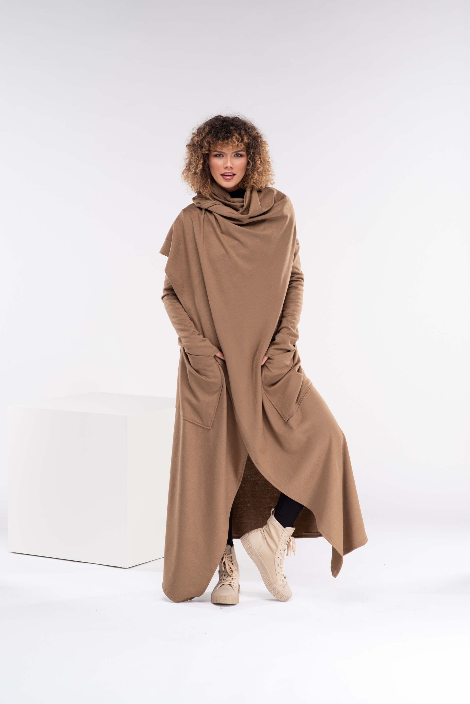 Camel Long Asymmetrical Wool Cape