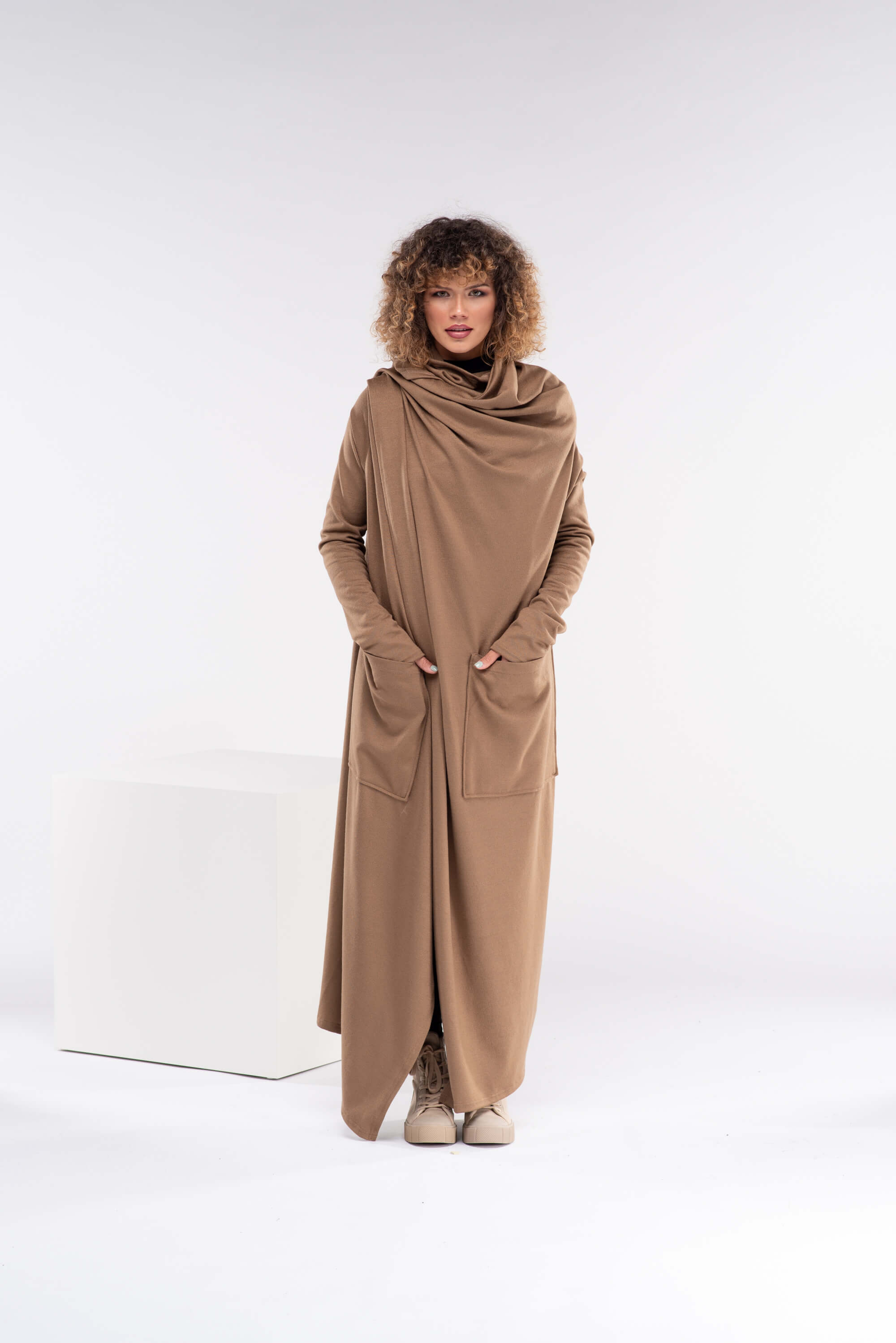 Camel Long Asymmetrical Wool Cape