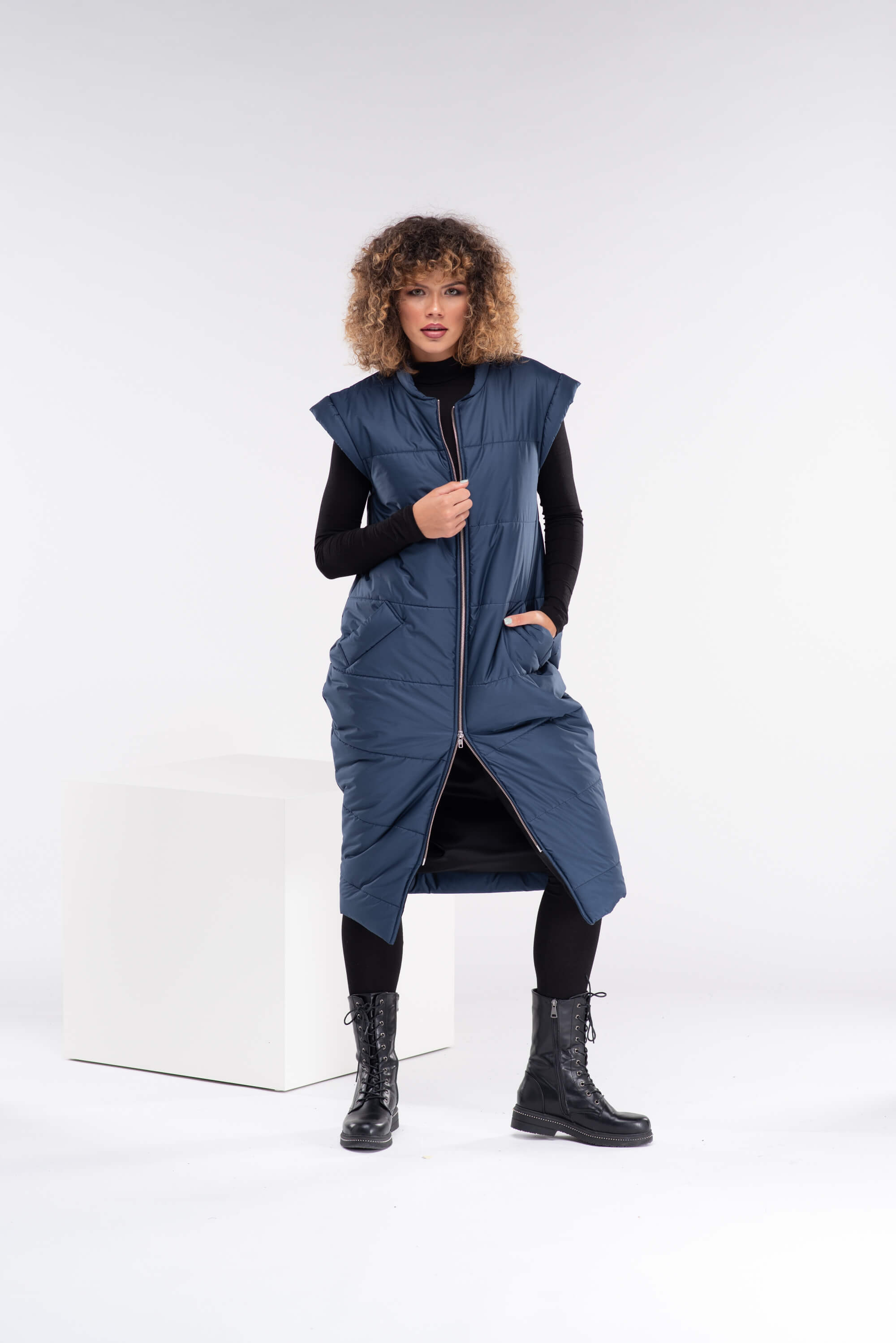 Dark Blue  Sleeveless Puffer Coat