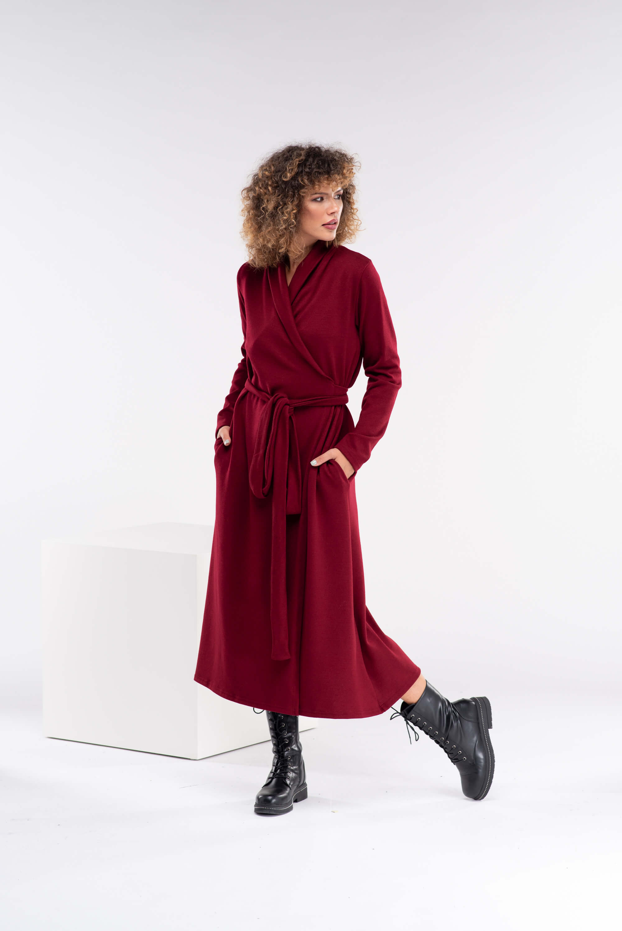 Burgundy Knitted Maxi Wrap Dress