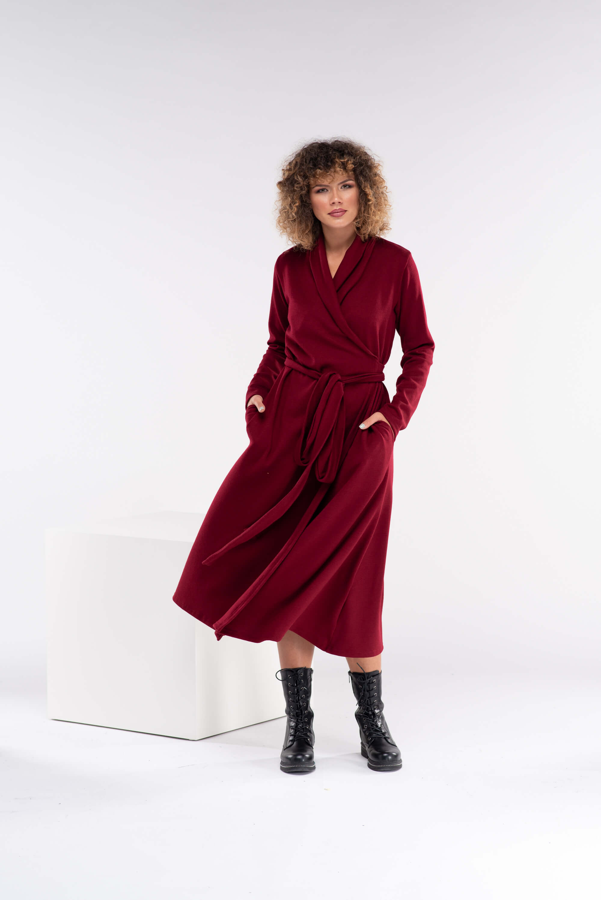 Burgundy Knitted Maxi Wrap Dress