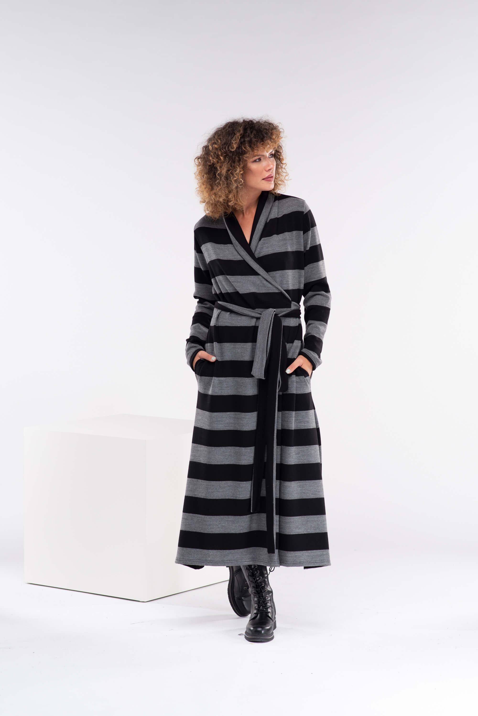 Black and Dark Grey Knitted Maxi Wrap Dress