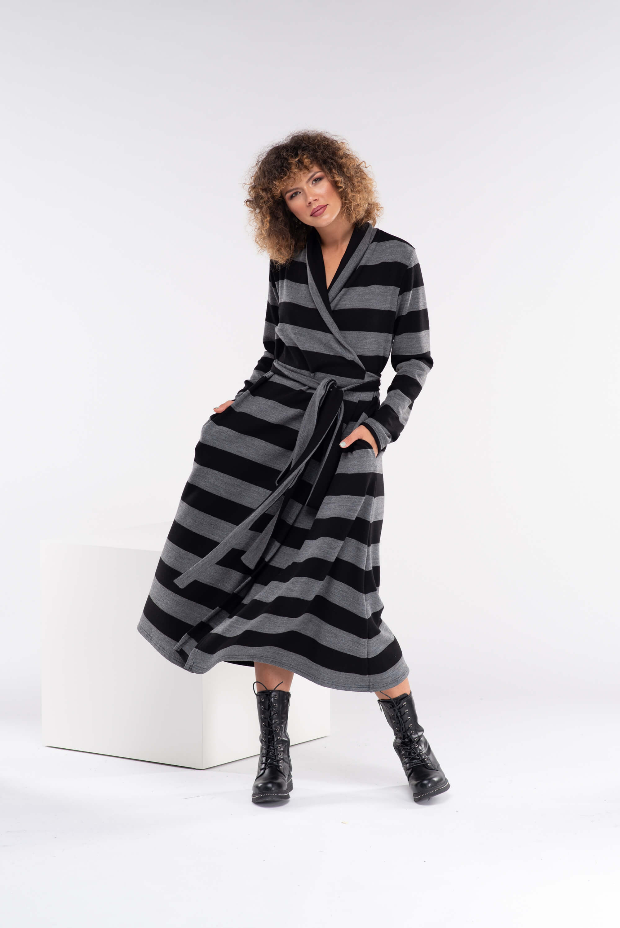 Black and Dark Grey Knitted Maxi Wrap Dress