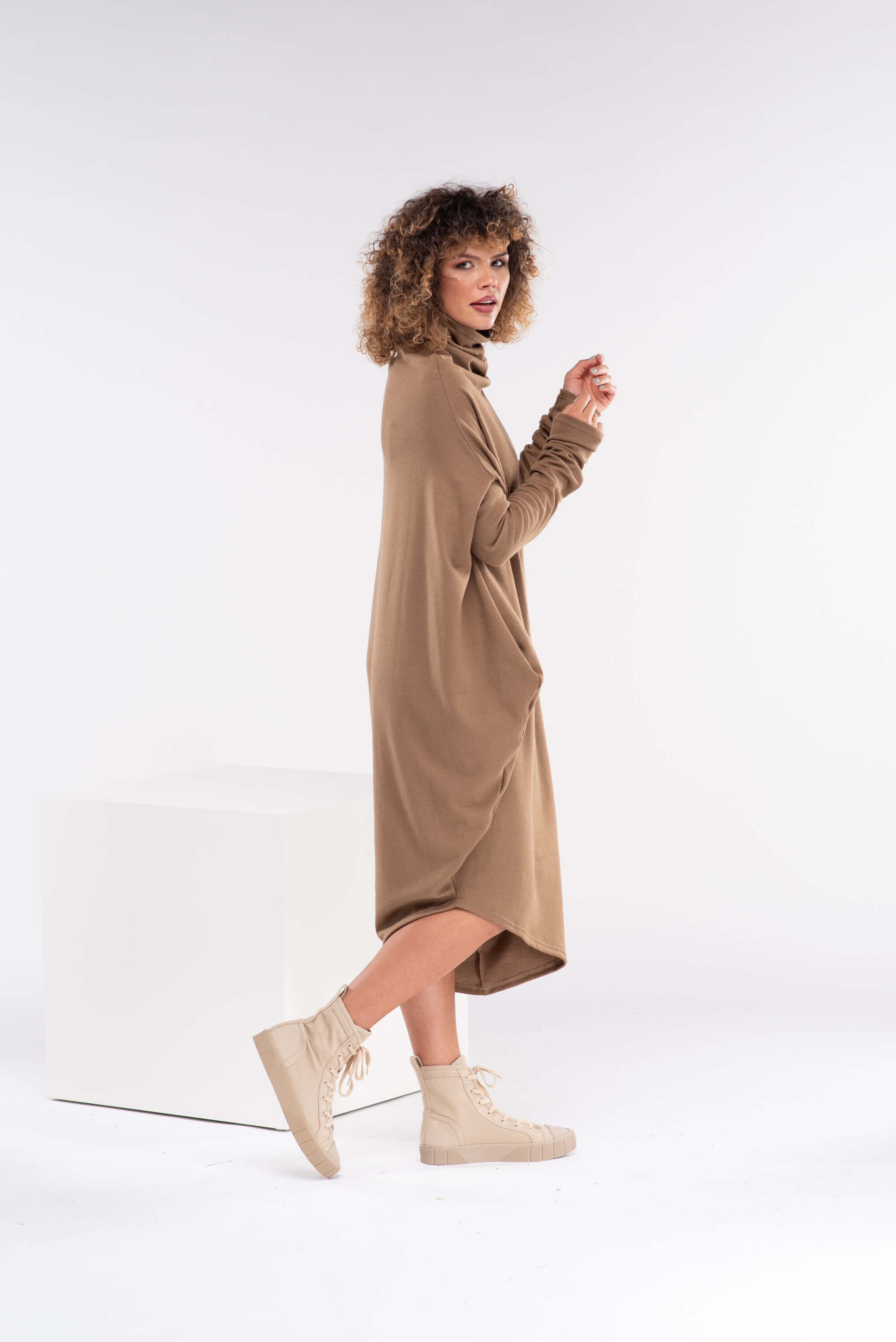 Camel Asymmetrical Sweater Dress