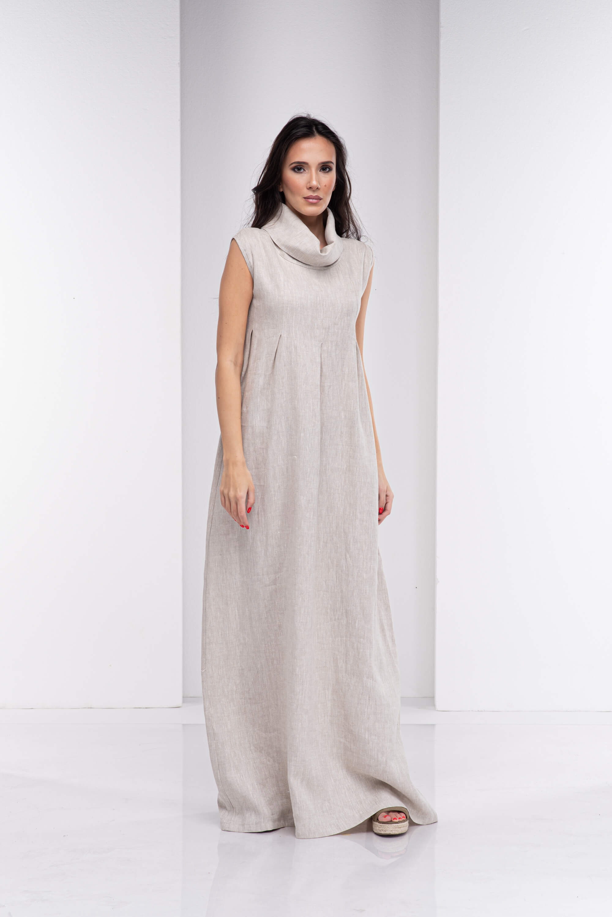 Natural Beige Turtleneck Long Linen Dress