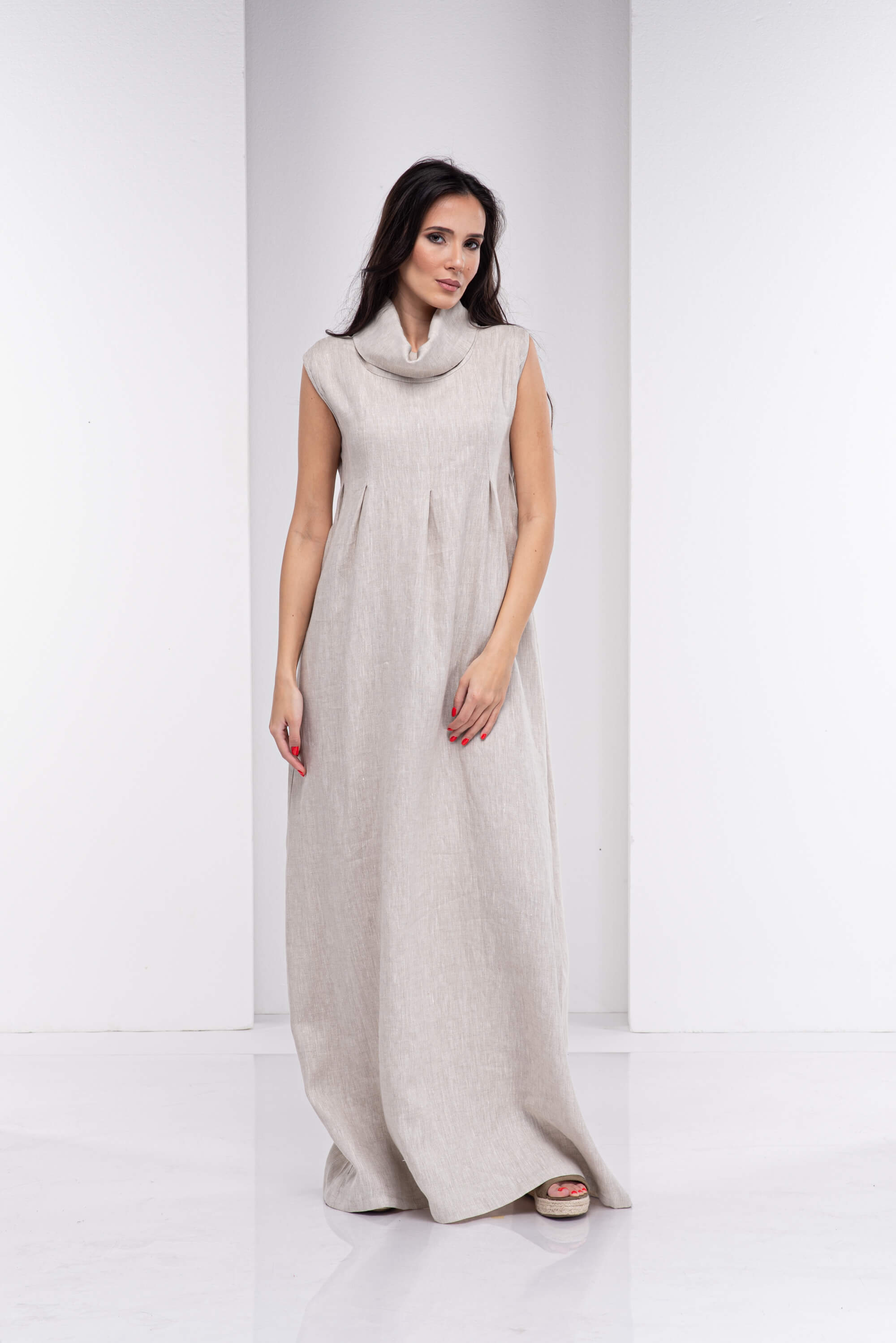 Natural Beige Turtleneck Long Linen Dress