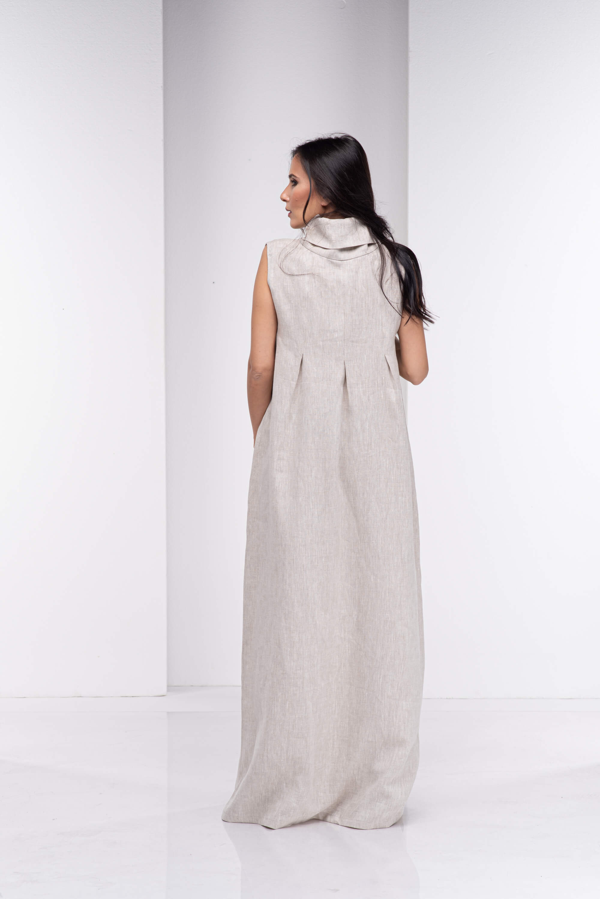 Natural Beige Turtleneck Long Linen Dress