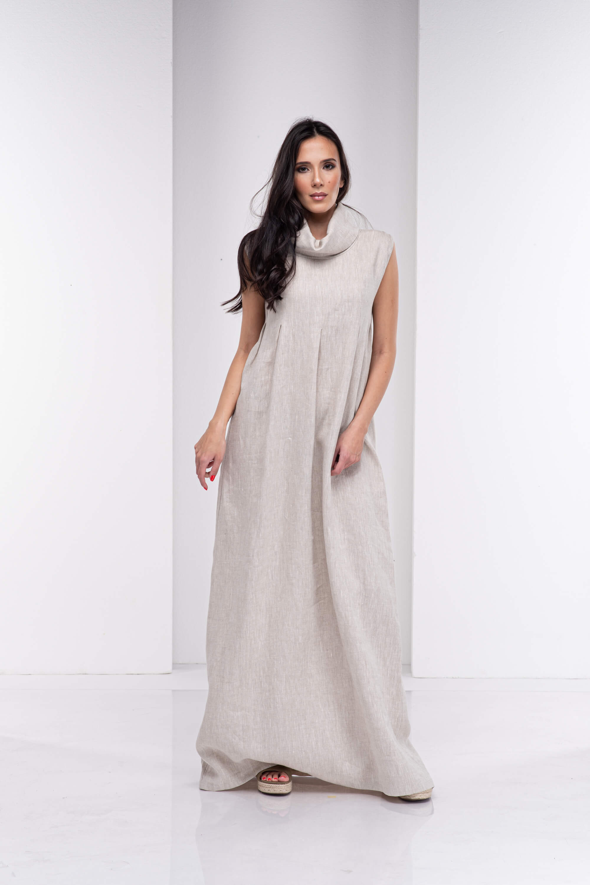 Natural Beige Turtleneck Long Linen Dress