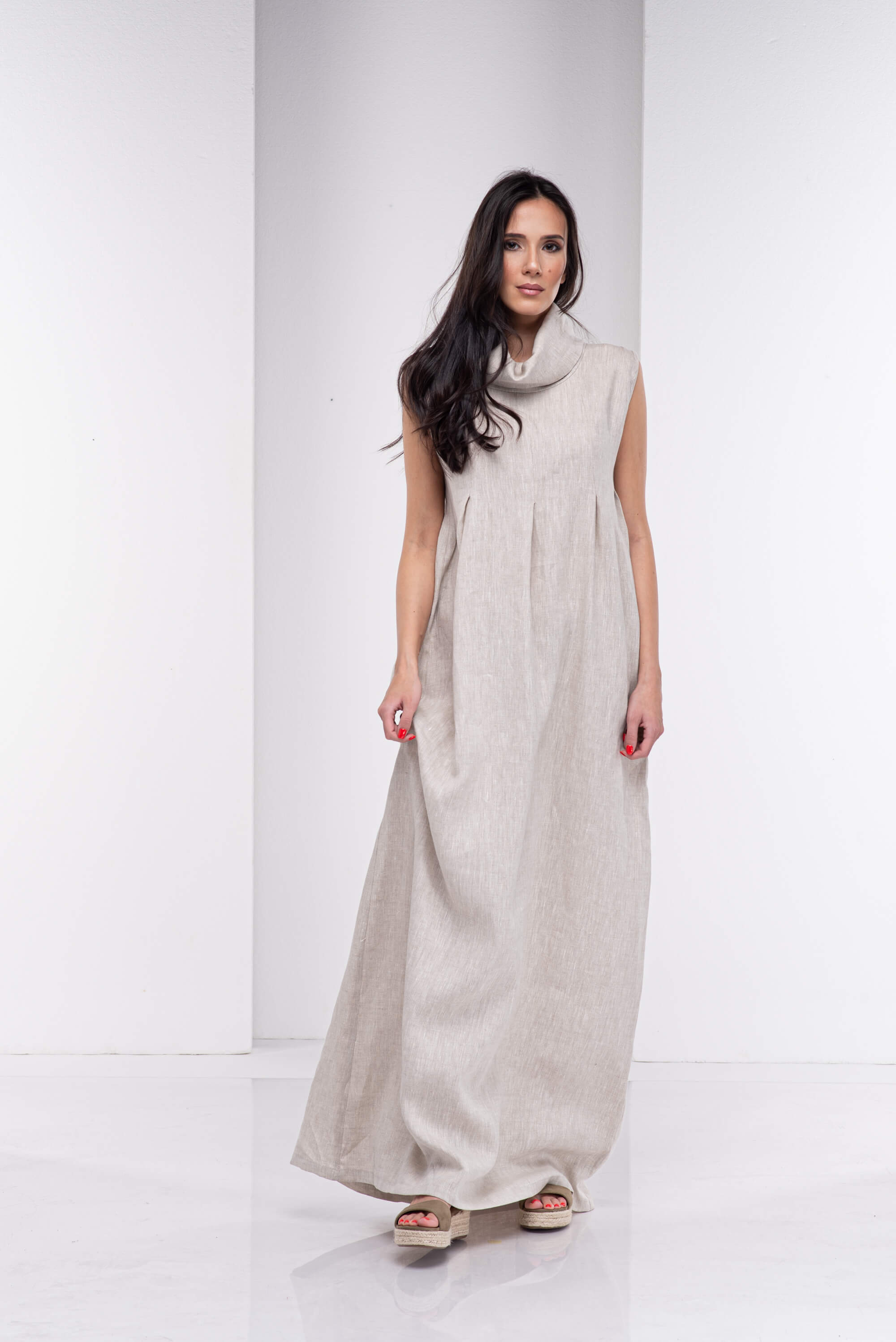 Natural Beige Turtleneck Long Linen Dress