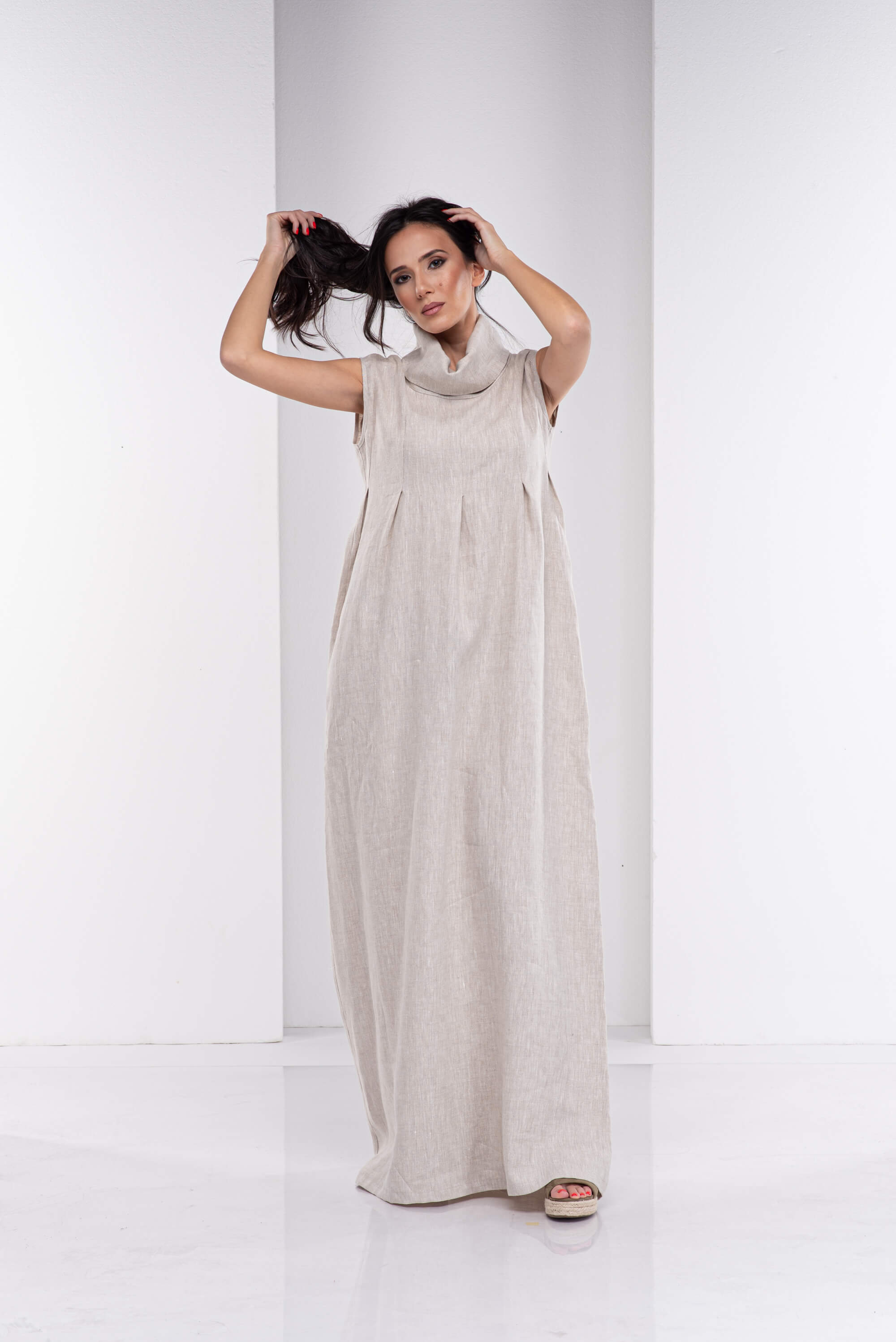 Natural Beige Turtleneck Long Linen Dress