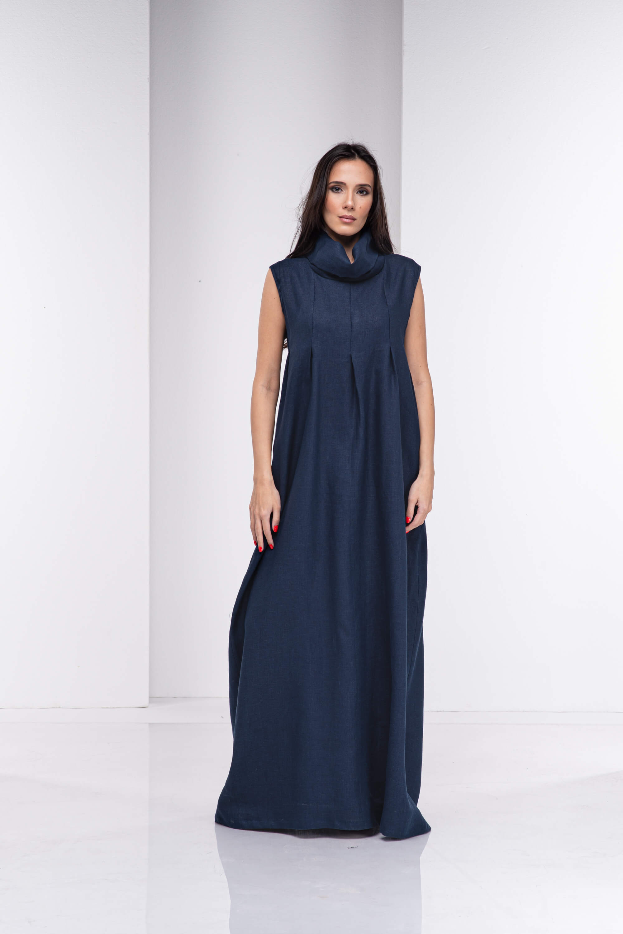 Dark Blue Turtleneck Long Linen Dress